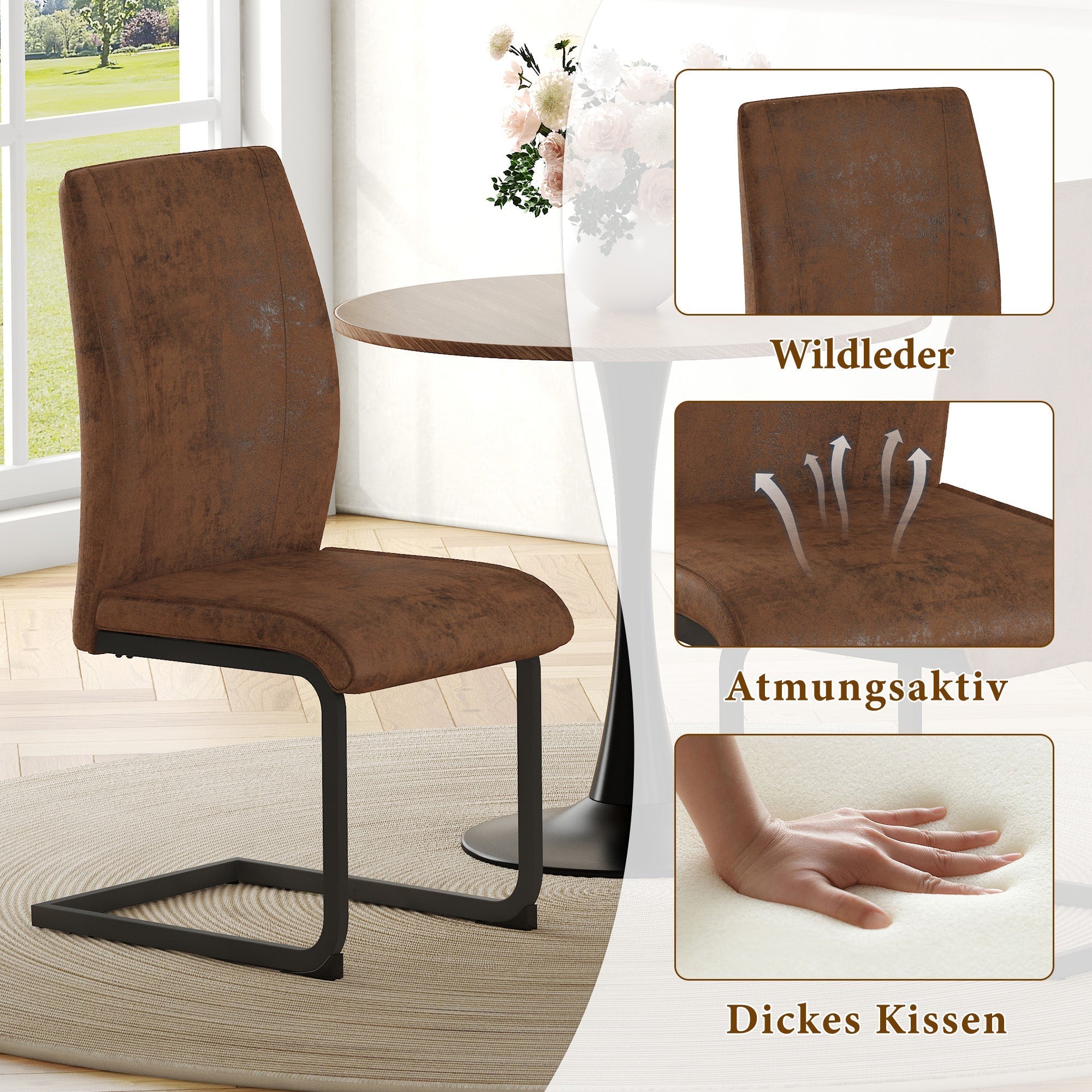 Dining Chairs Set of 2 Ergonomic Design - Faux Leather Brown