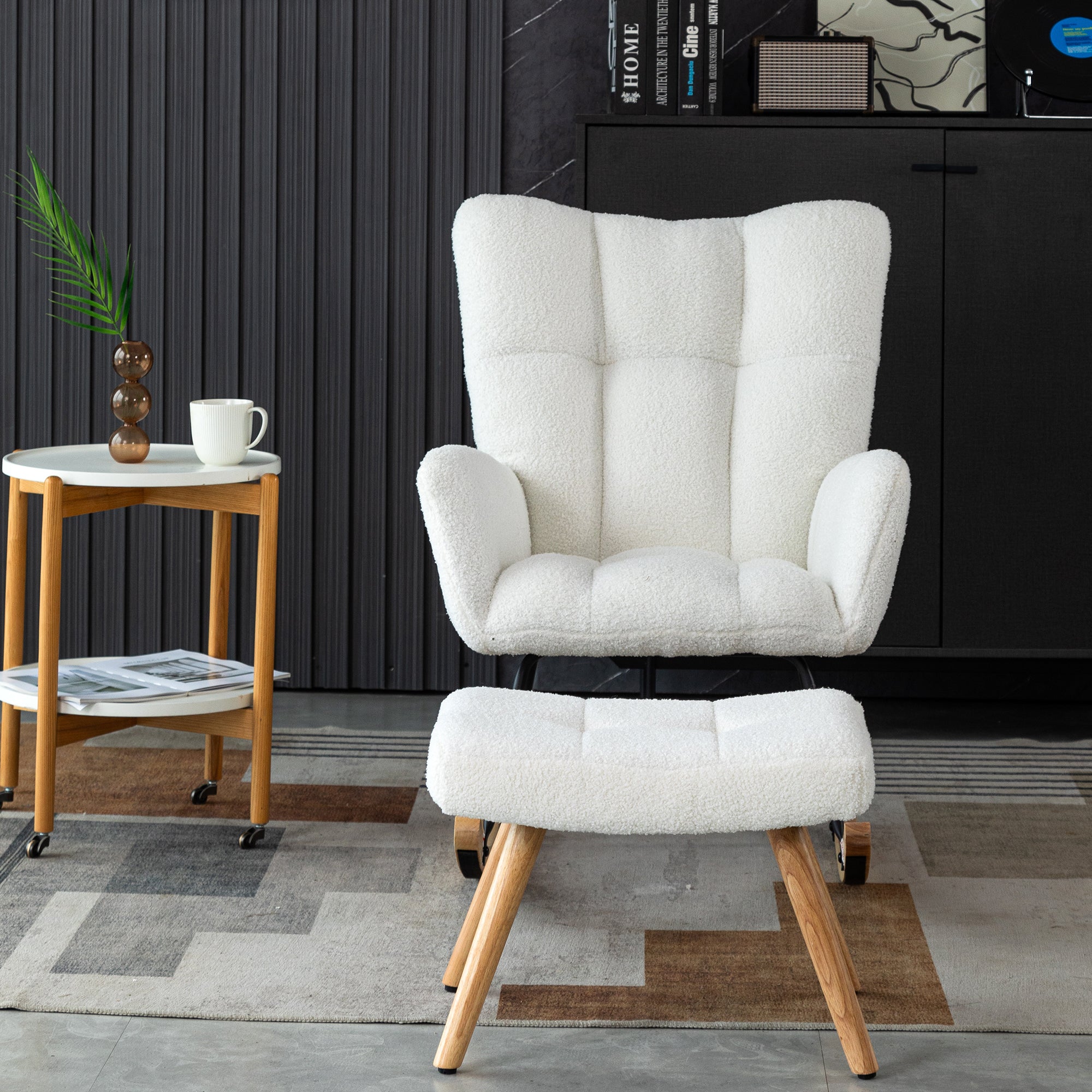 Ergonomic Rocking Chair with Footstool, Rubber Wood Frame, White