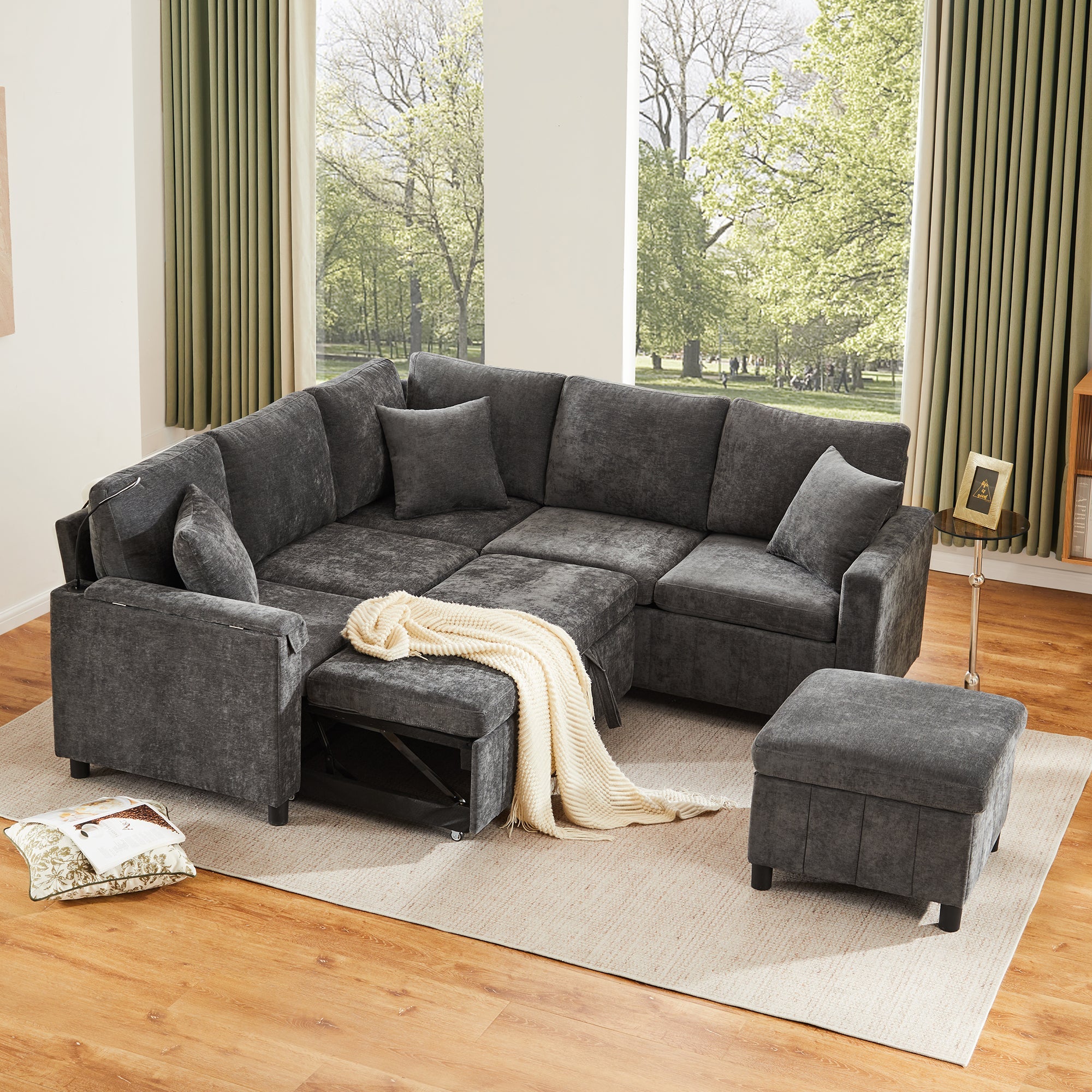Chenille Corner Sofa Bed with Ottoman, USB Charging and Hidden Table, Grey