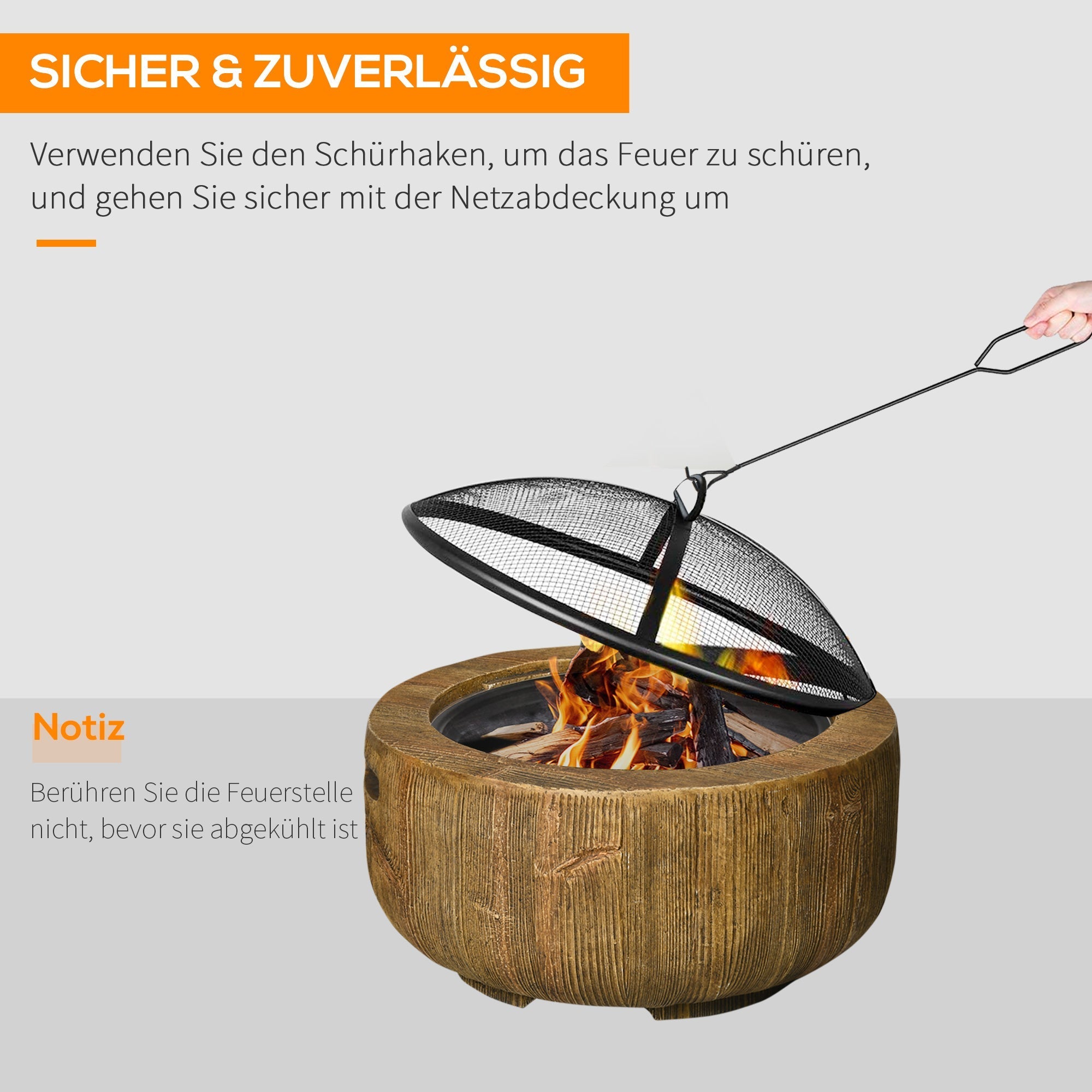 Feuerschale mit Deckel und Schürhaken, Baumstamm-Design, Stahl MgO Braun