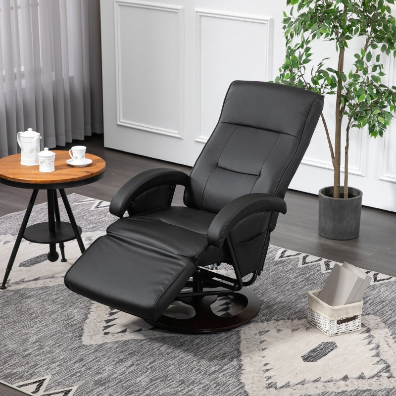 Swivel Chair, Upholstered Tilting Footrest Wooden Base, Faux Leather Black