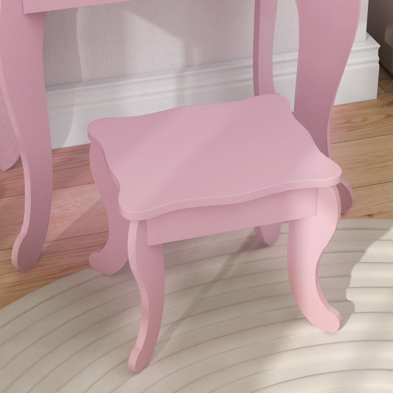 Kids Vanity Table and Chair Set with Tri-Folding Mirror, Stool, and Drawer, Pink