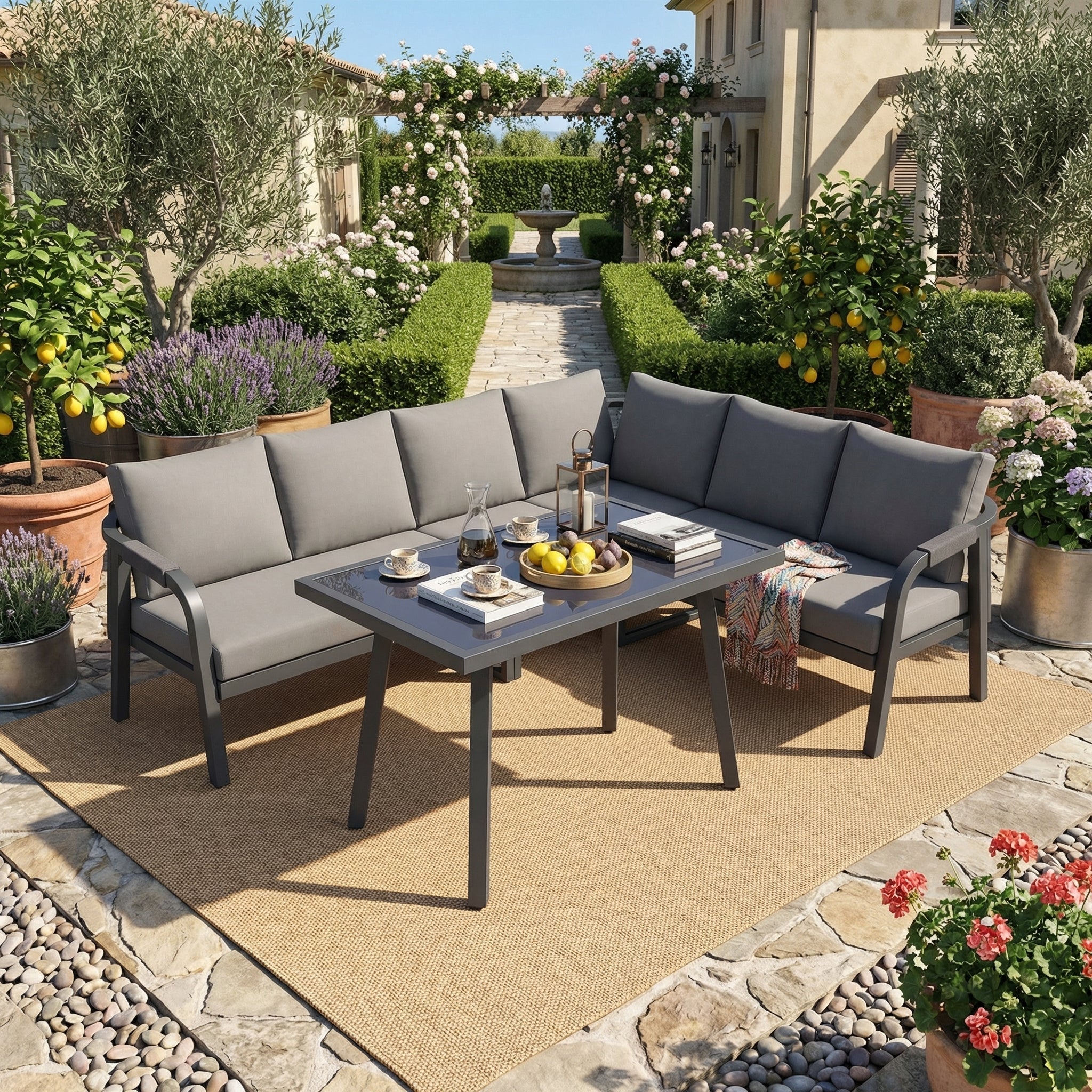 Garden Dining Set, Seats 6 with Corner Sofa and Dining Table, Grey Wicker and Galvanized Steel