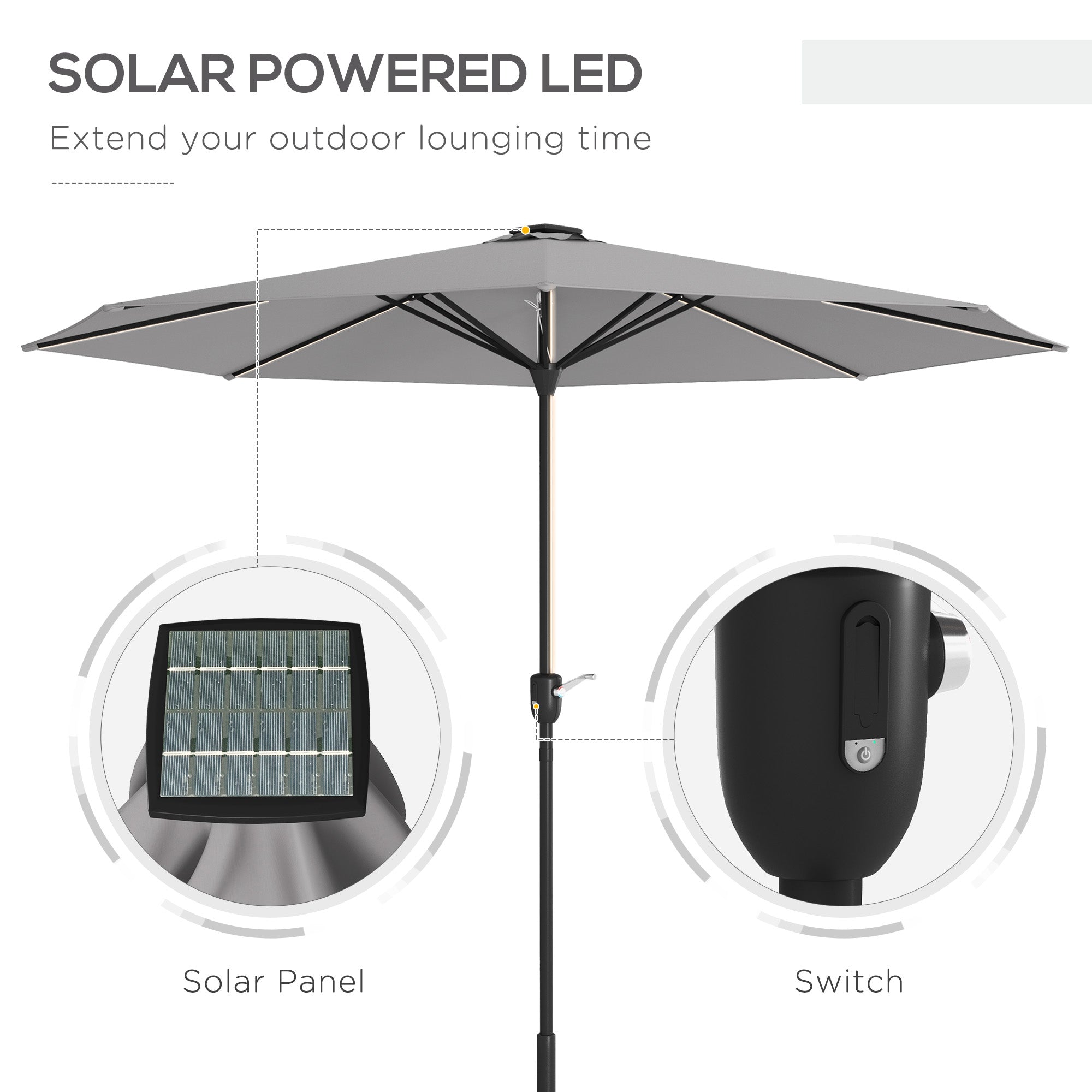 Garden Parasol Umbrella, 2.65m LED Lights, Light Grey