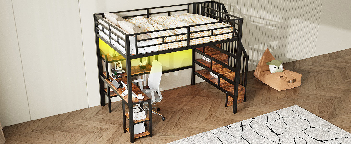 Metal Loft Bed with Desk, Stairs, Storage and LED, 140x200cm, Black
