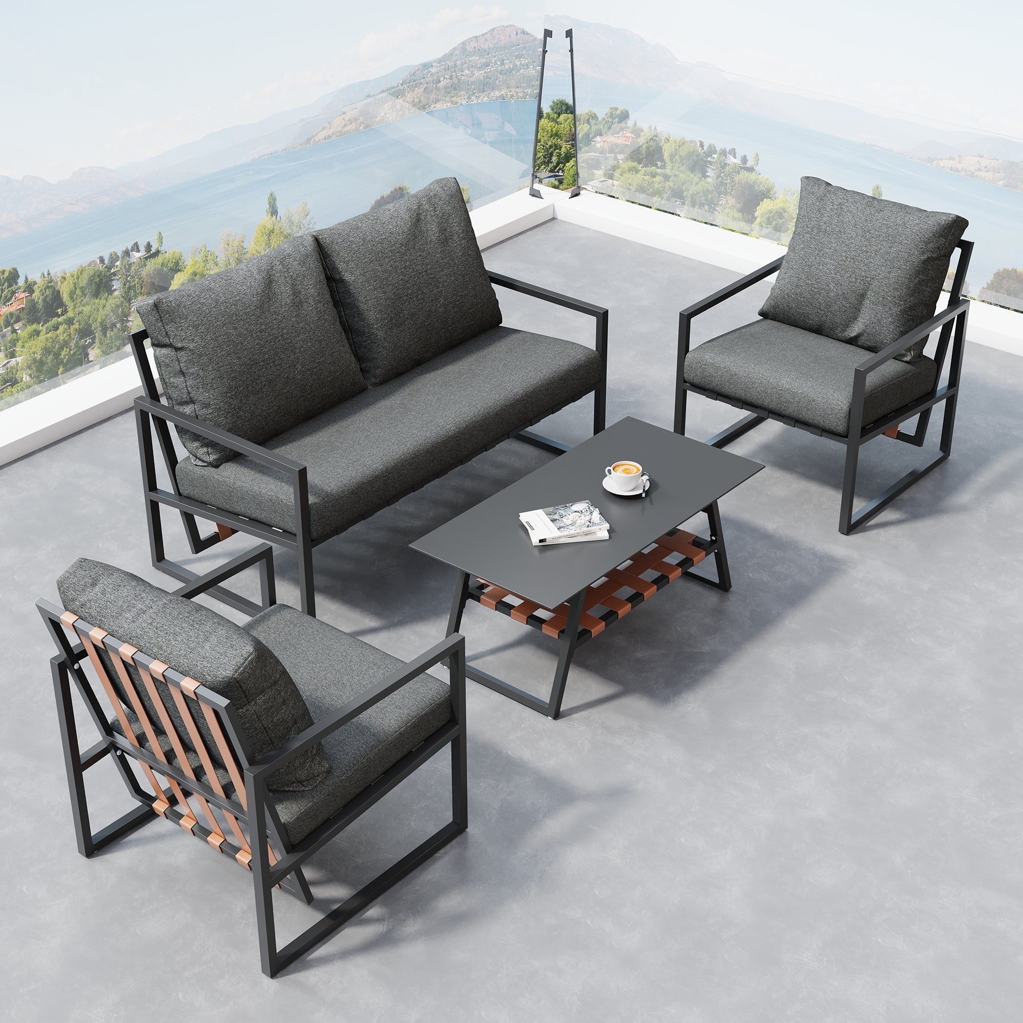 Garden Furniture Seating Set for 4 People with Sofa, Coffee Table and Cushions, Black