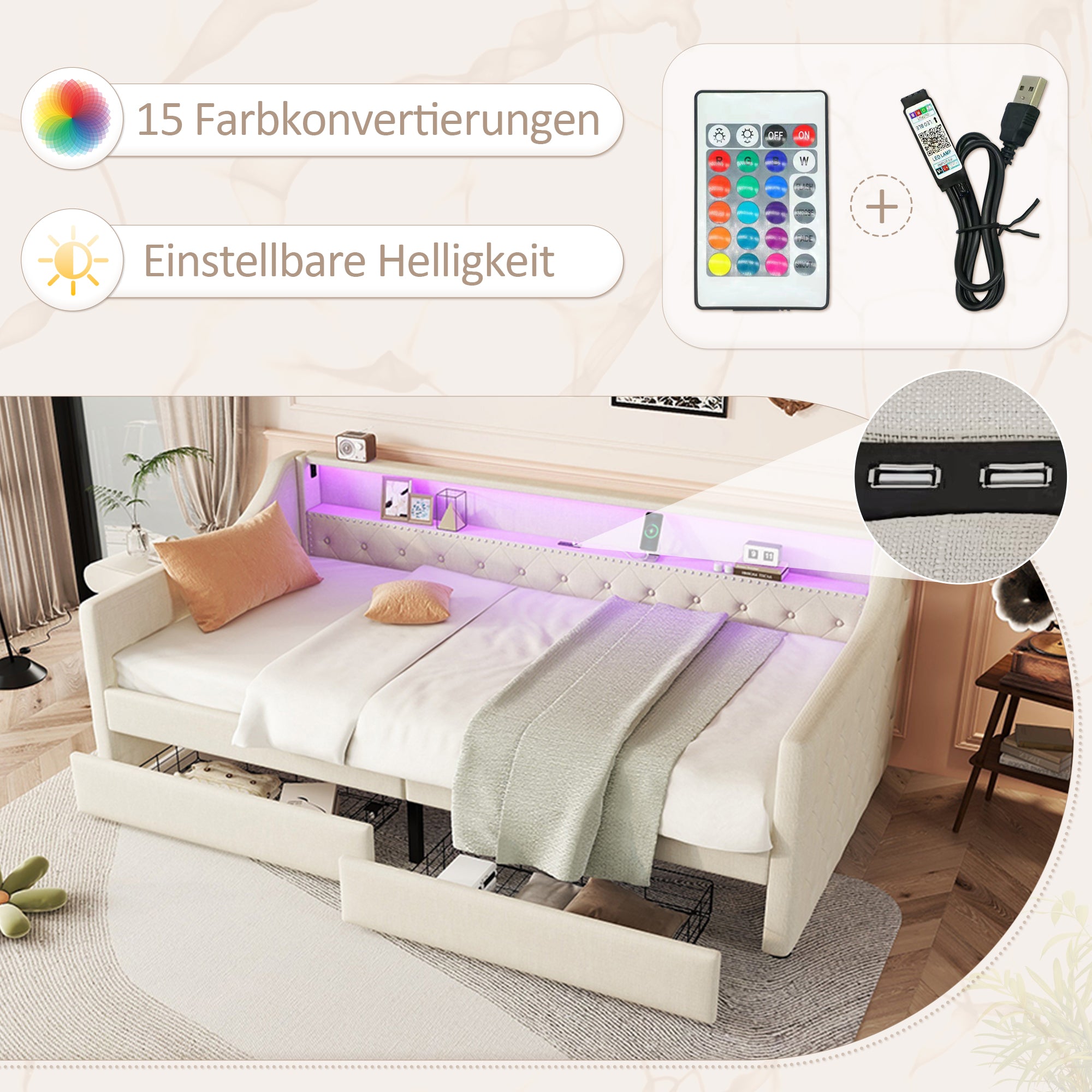 Daybed 90x200cm Ambient Light 2 Drawers USB - Linen Beige