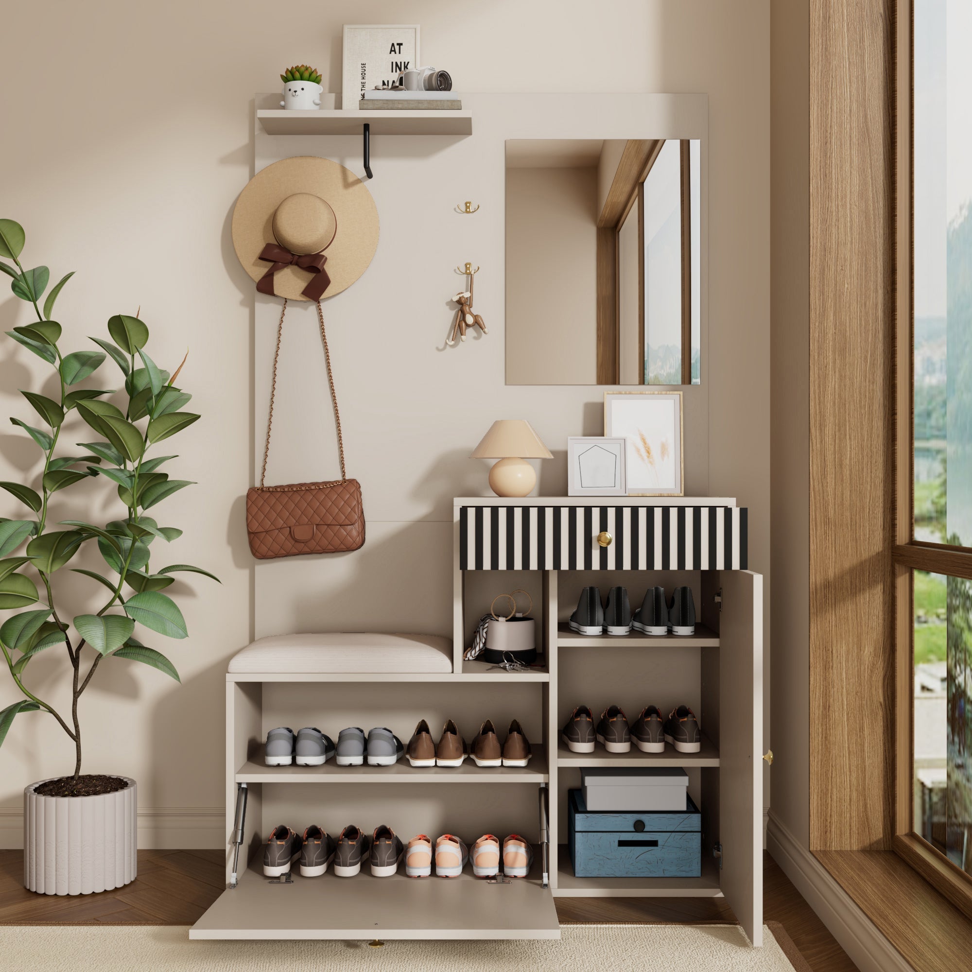 Wardrobe Set, Hallway with Mirror & Cushions, Shoe Cabinet, 110 x 185.5 x 37 cm, Compact