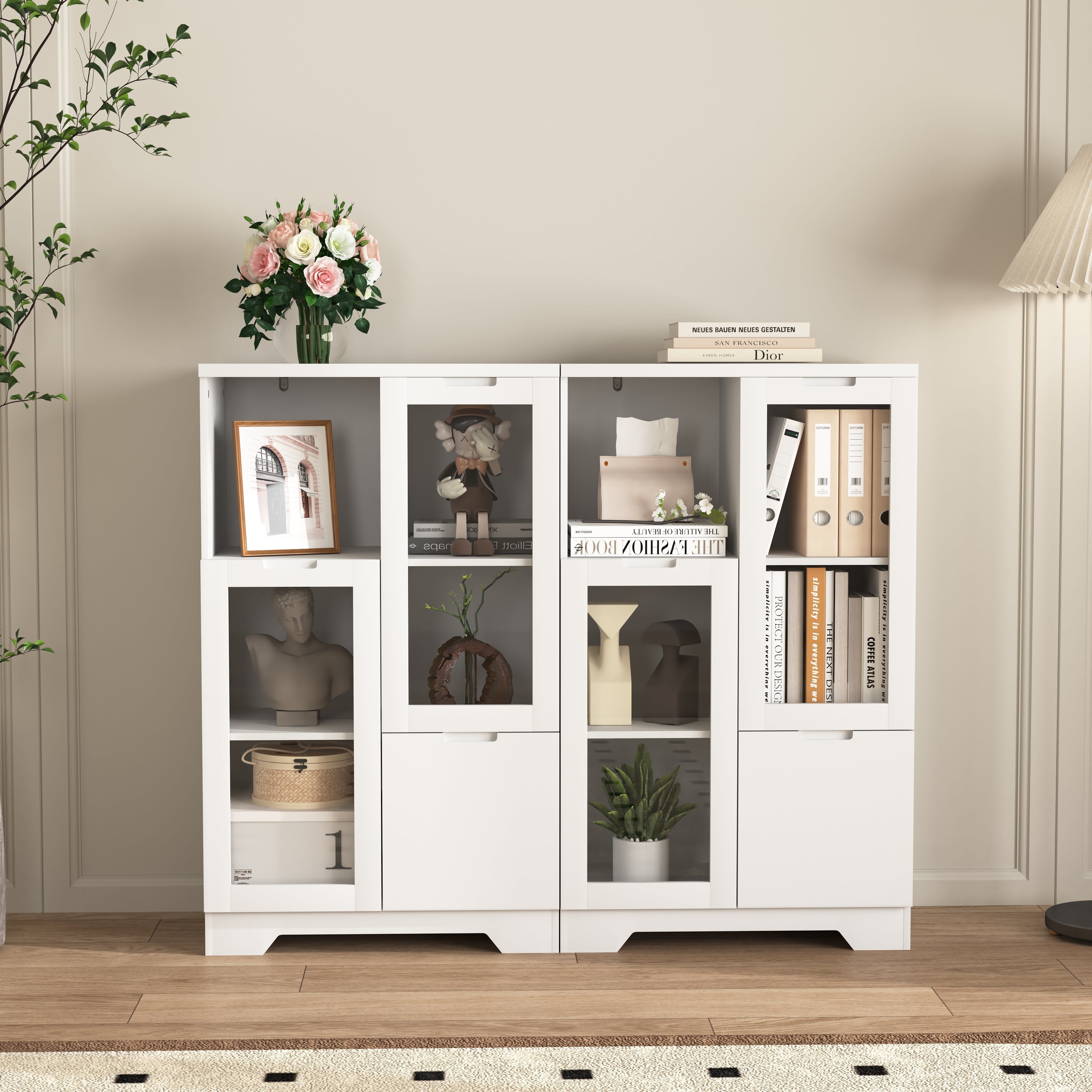 MDF Storage Cabinet with Glass Doors and Drawer, White
