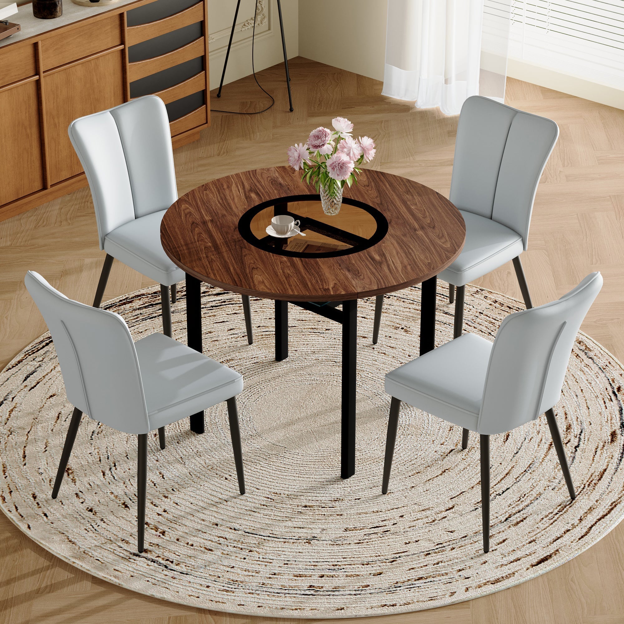 Round Dining Table Set 100cm with 4 PU Chairs - Wood Look/Light Grey