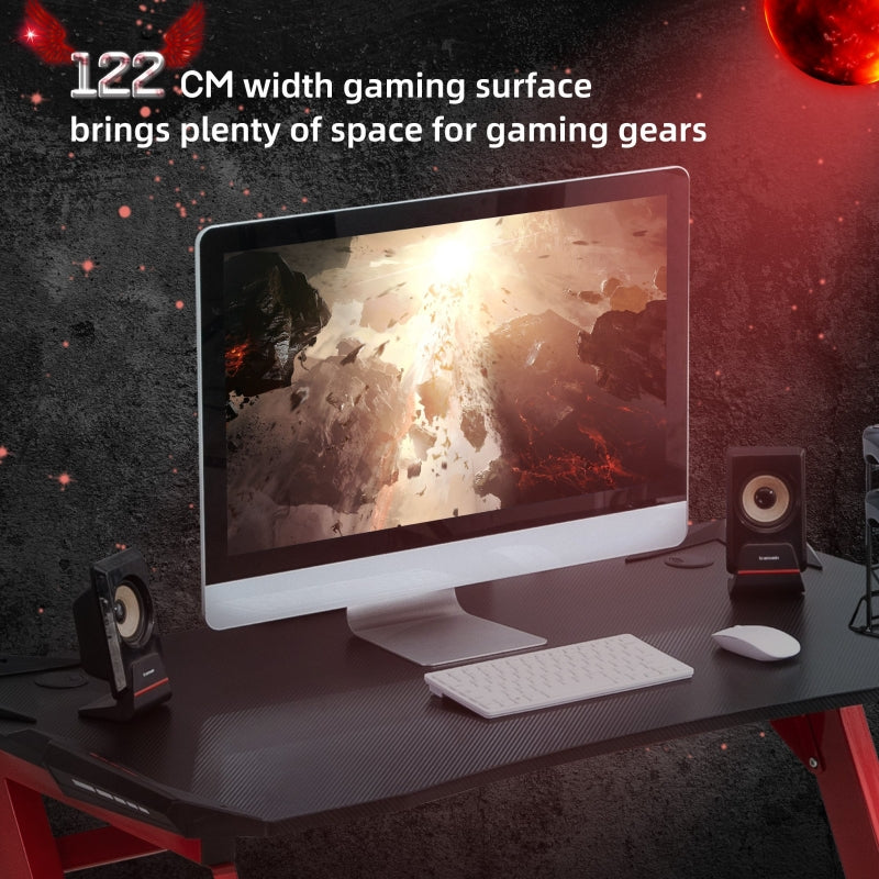 Gaming Desk with Headphone Hook, Cup Holder, Gamepad Rack, Carbon Fibre Black and Red