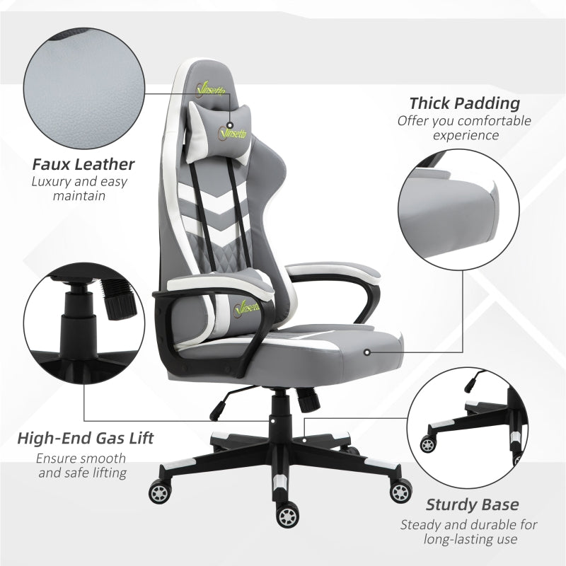 Gaming Chair with Lumbar Support, Headrest, Swivel Wheels, Faux Leather Grey White
