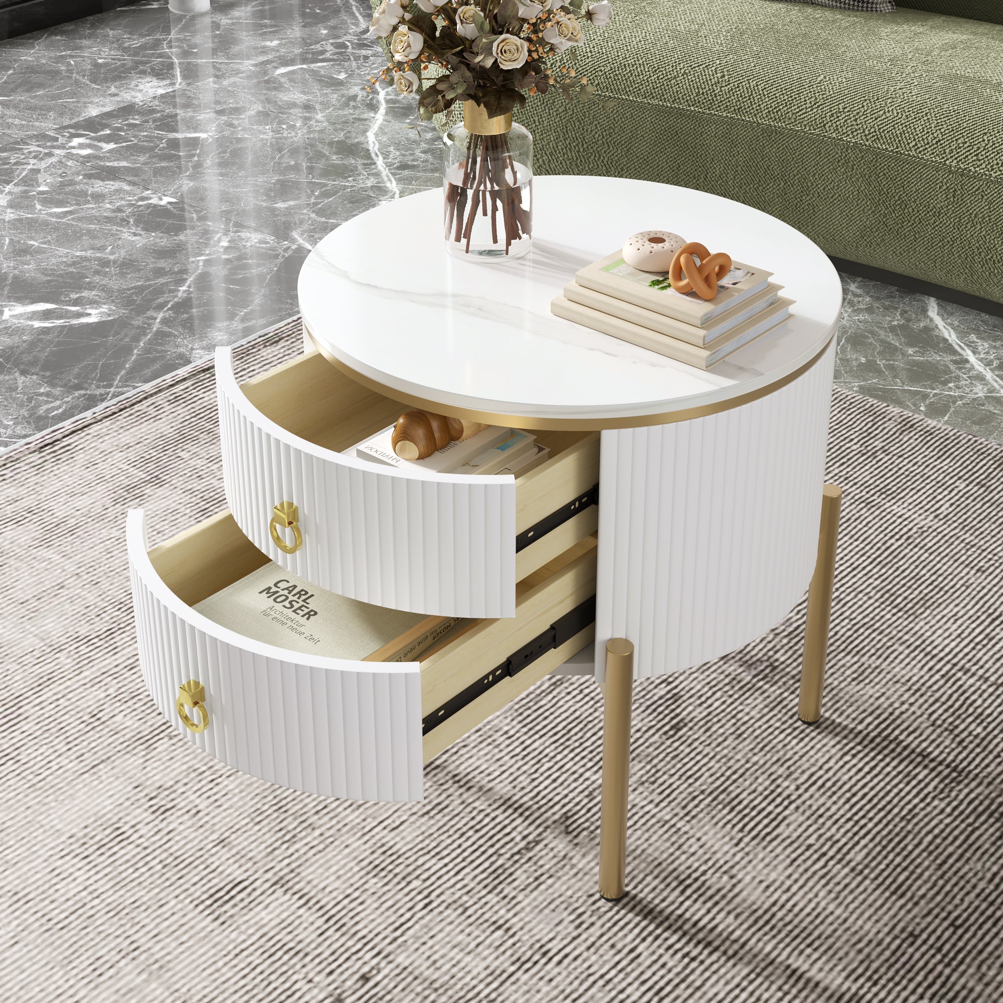 Side Table Coffee Table with Drawers, Adjustable, Gold Legs and Handles, Marble Texture