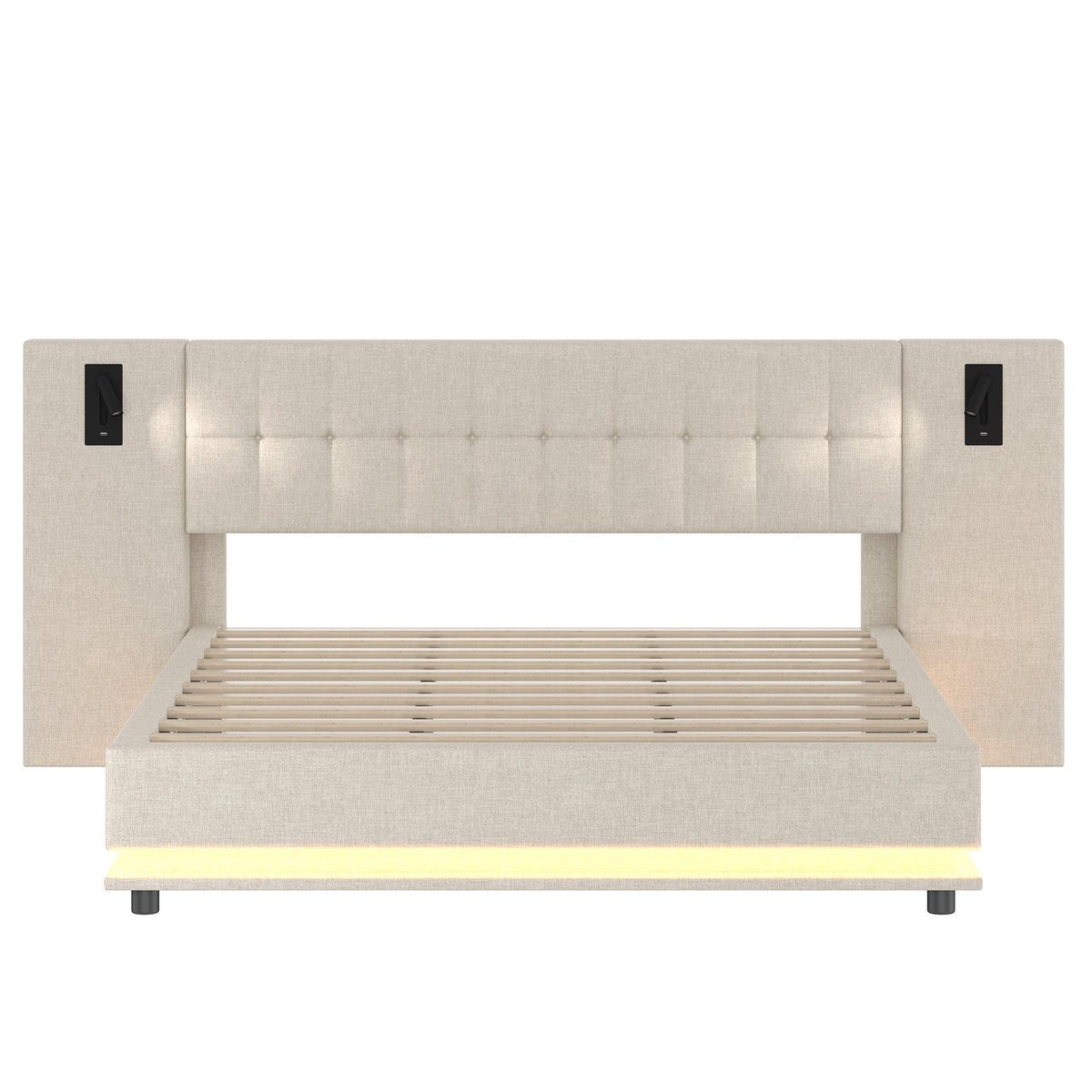 Upholstered Bed 180x200cm LED Headboard Spotlight USB - Linen Beige