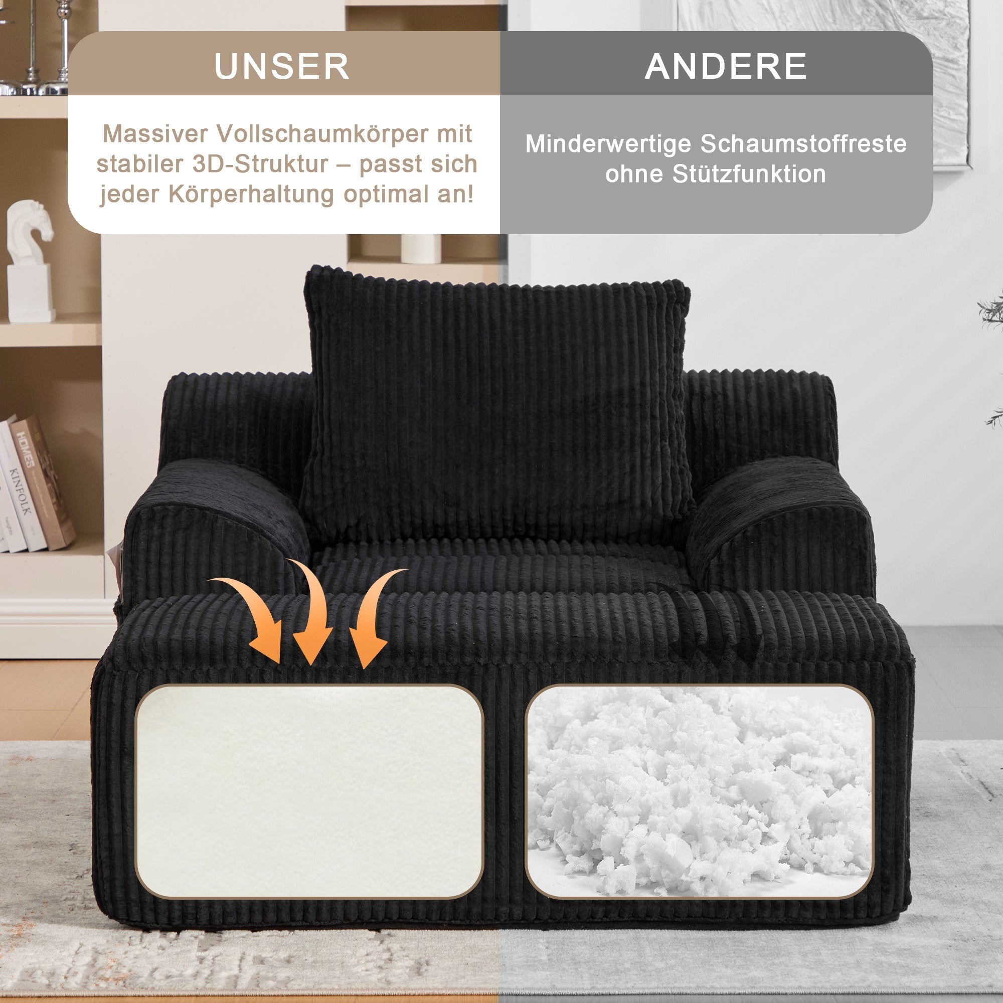 Oversized Sofa Chair, Deep Seat Boneless Upholstered with Side Pockets, Corduroy