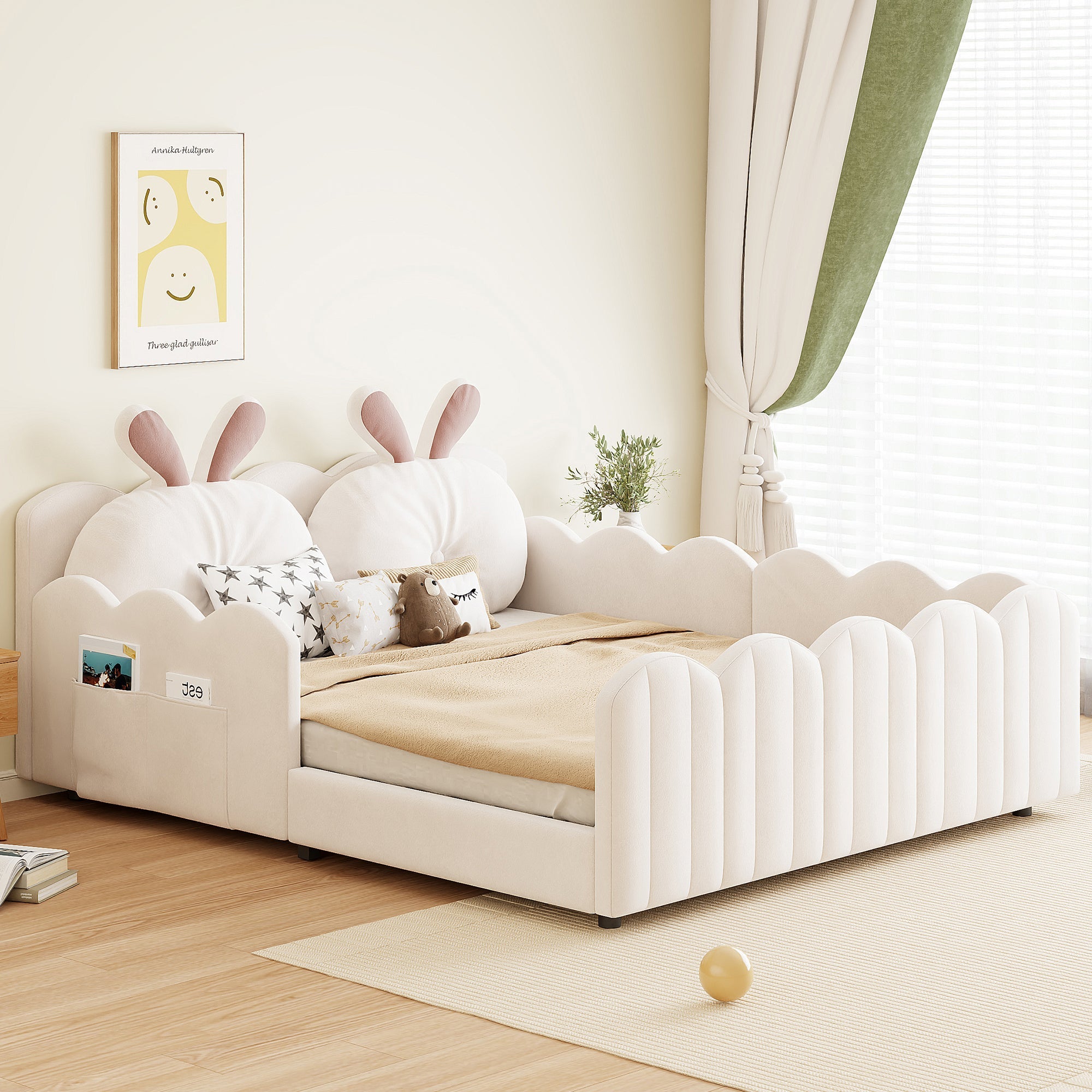 Upholstered Platform Bed with Rabbit-Shaped Cushions, 140x200cm, Beige Velvet