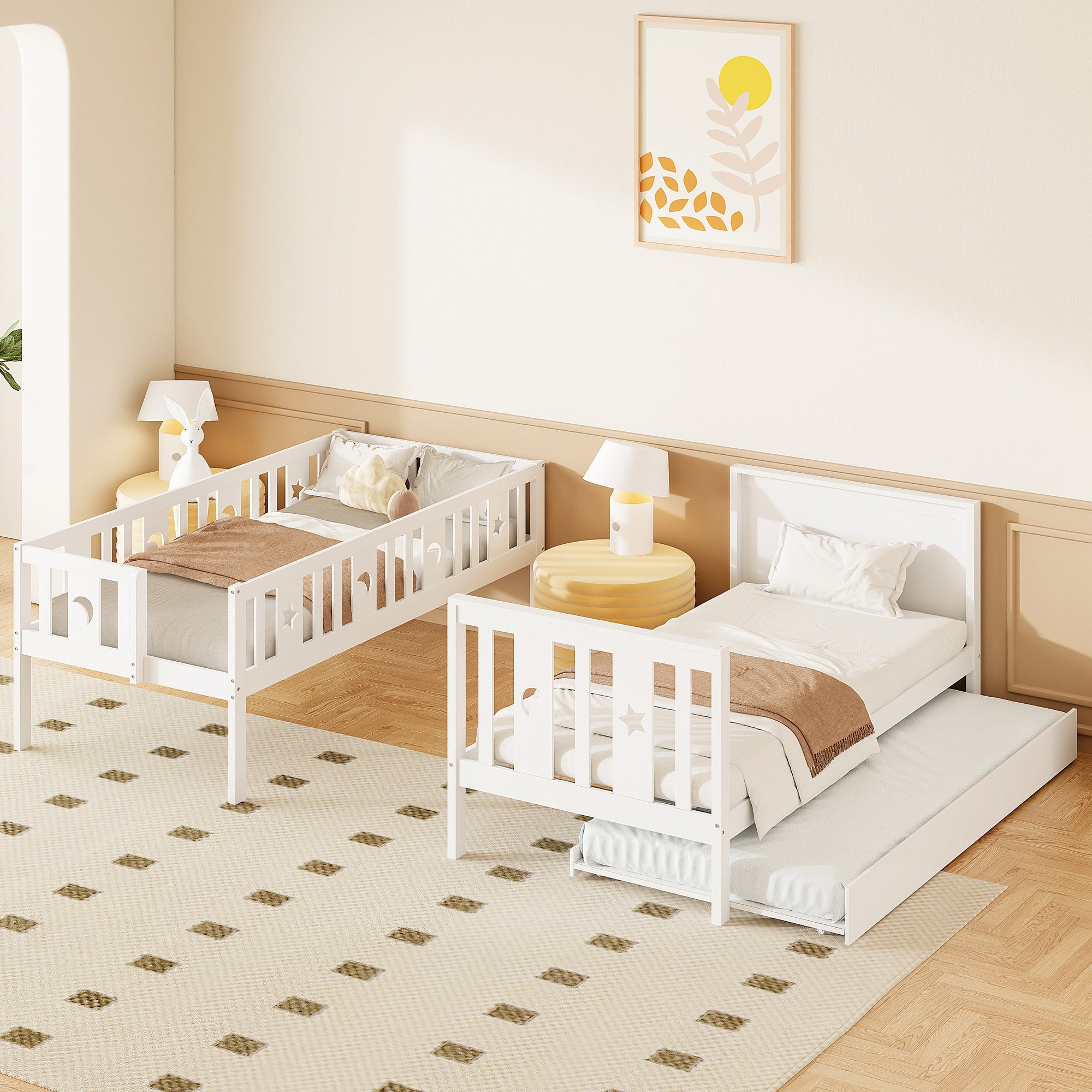 Children's Bunk Bed, 90*200 cm with Pull-out Bed, Safety & Storage Stairs, Solid Wood White