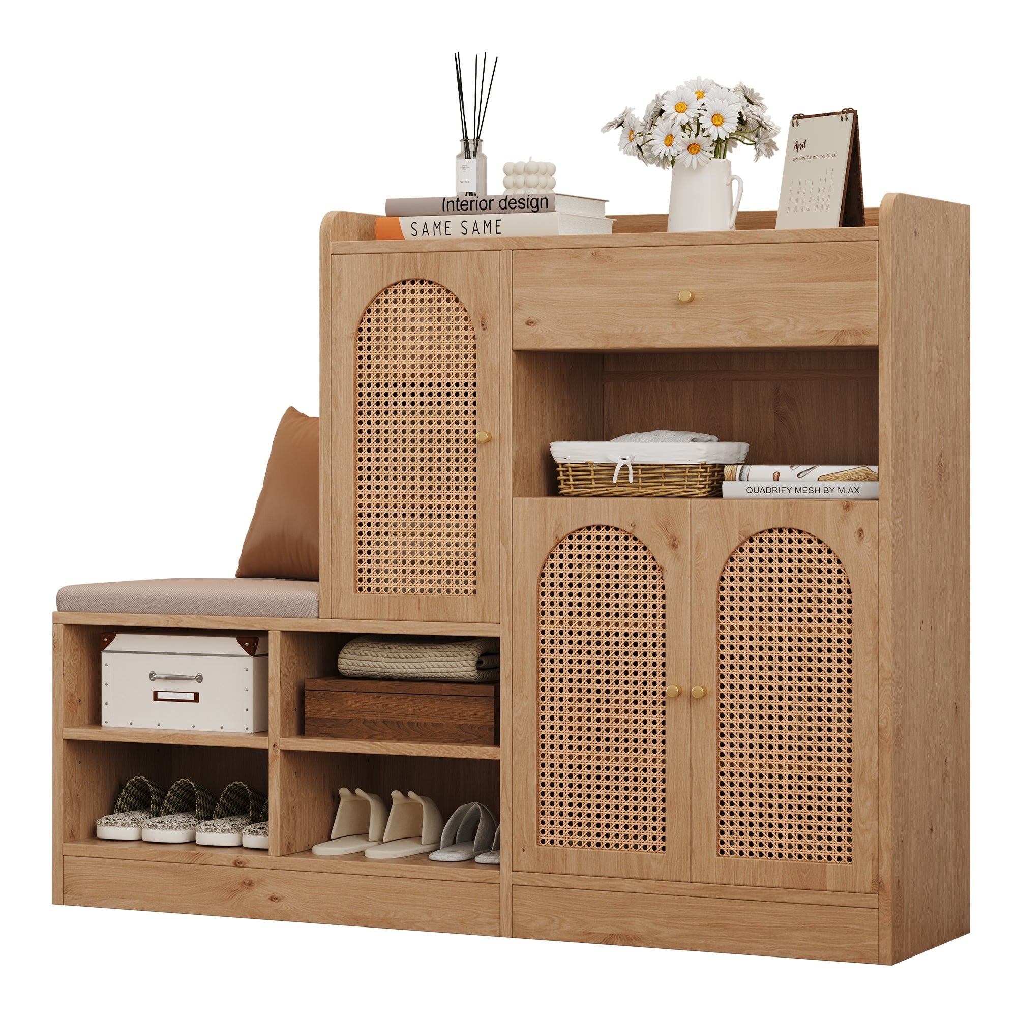 Shoe Cabinet with Upholstered Bench, 3 Rattan Doors and 1 Drawer, Wood Look
