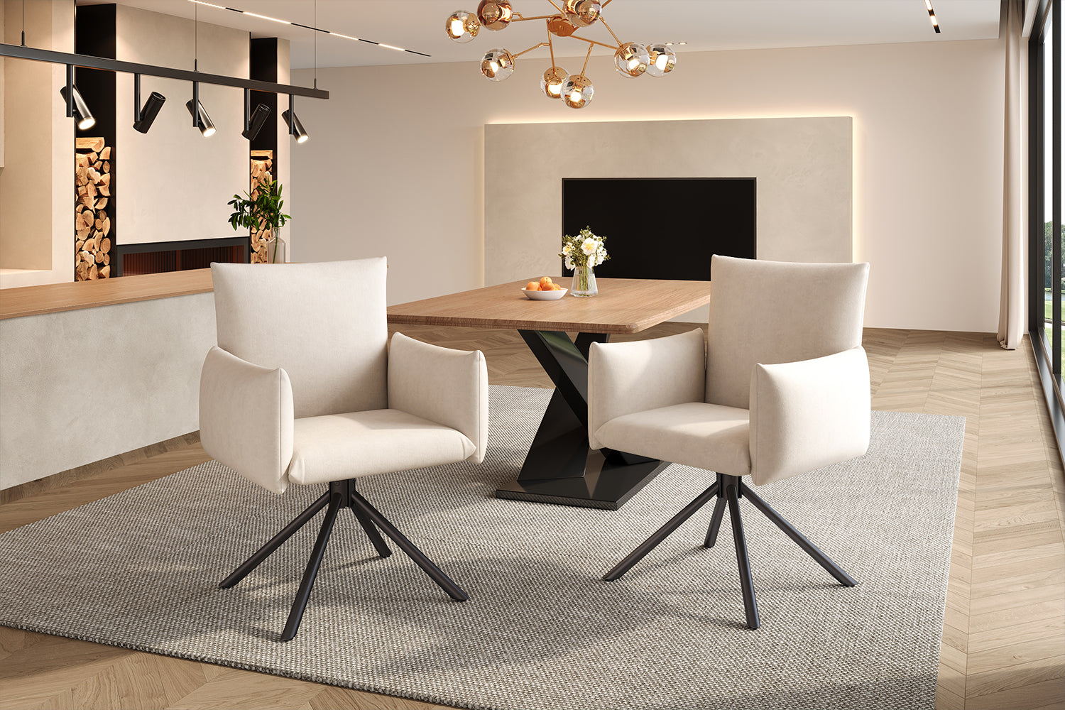 Dining Swivel Armchair Set of 6, Upholstered 360° Metal Legs Lumbar Support - Velvet Beige