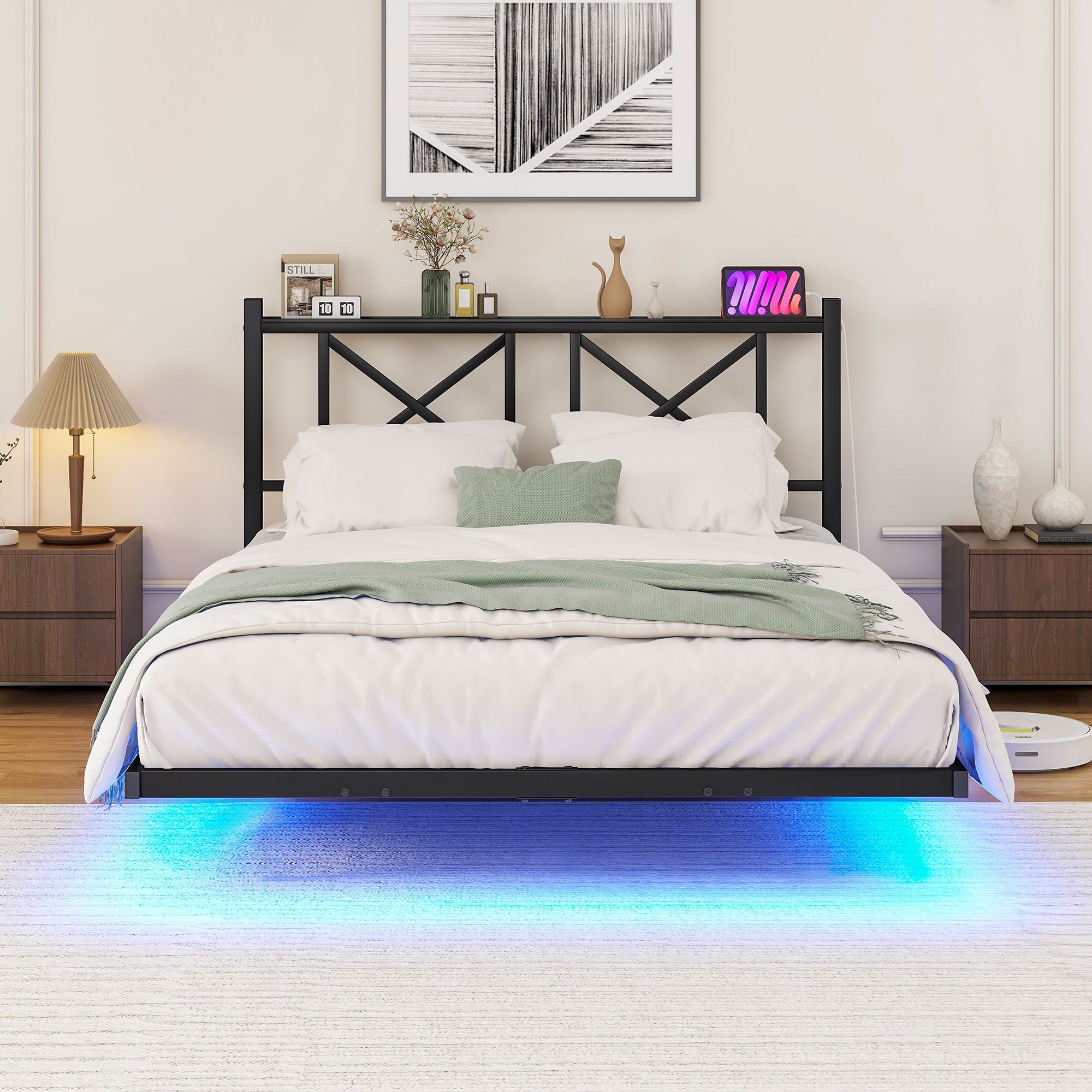 Double Bed Frame 120x200cm LED Charging Station Floating Design - Metal