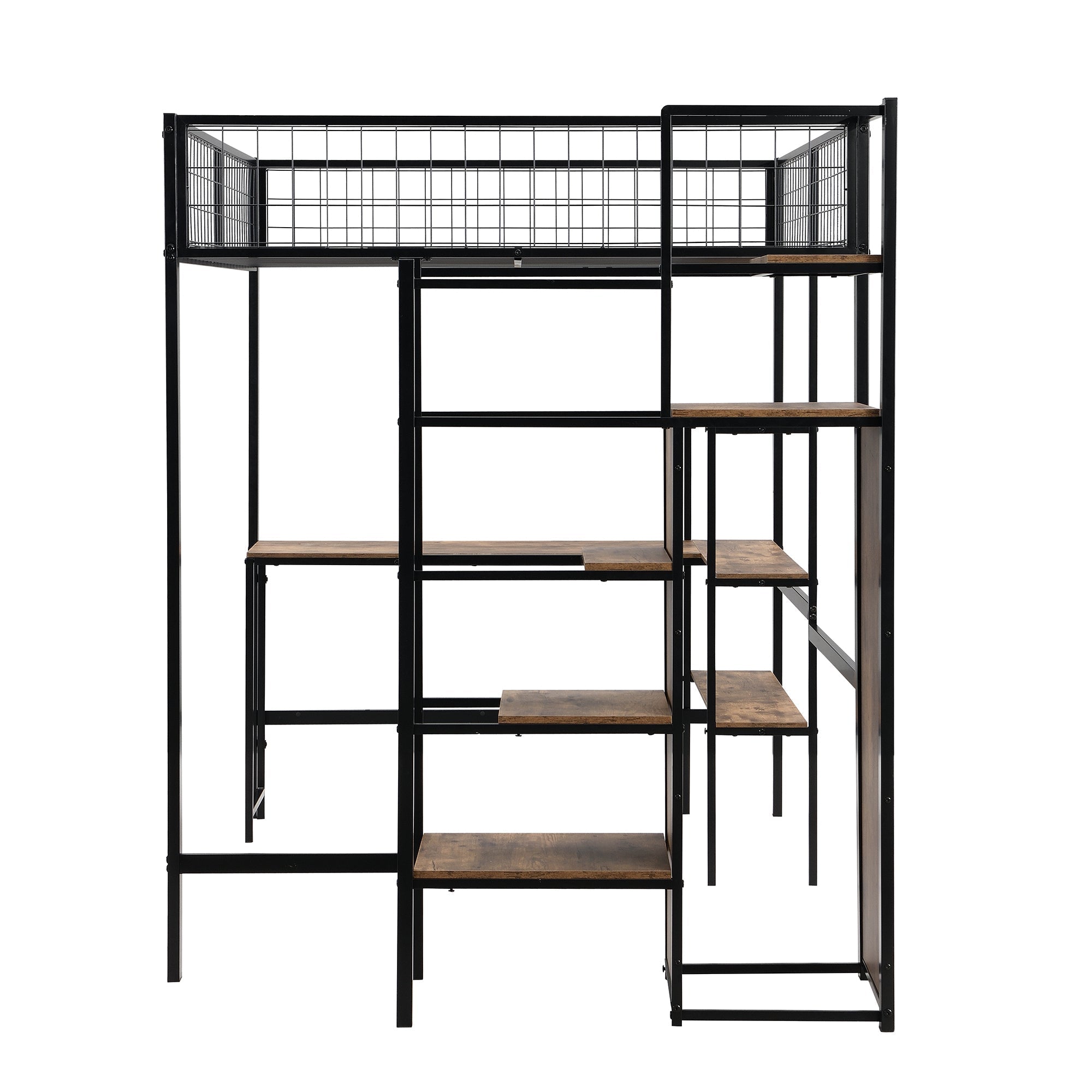 Loft Bed 140x200cm Iron Frame with Storage Ladder Shelves Wardrobe Desk Black