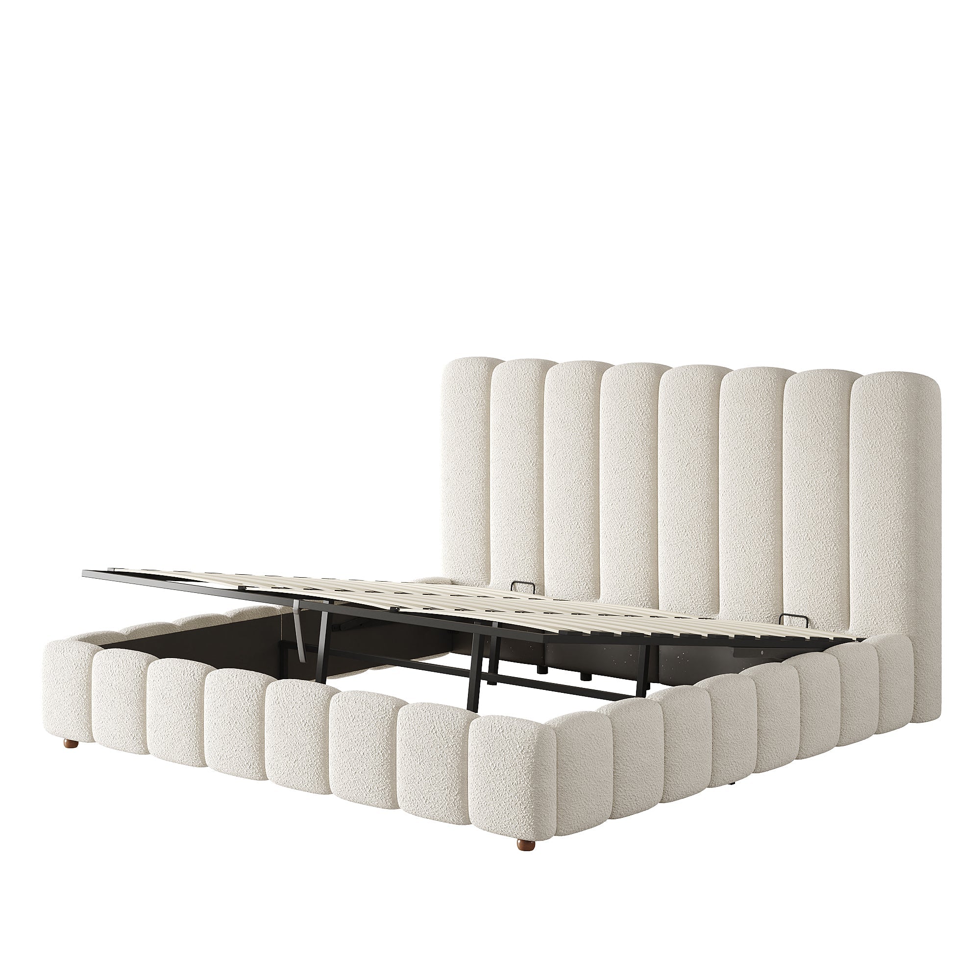 Upholstered Double Bed 180x200cm Hydraulic Storage Bed with Slatted Frame White Bouclé