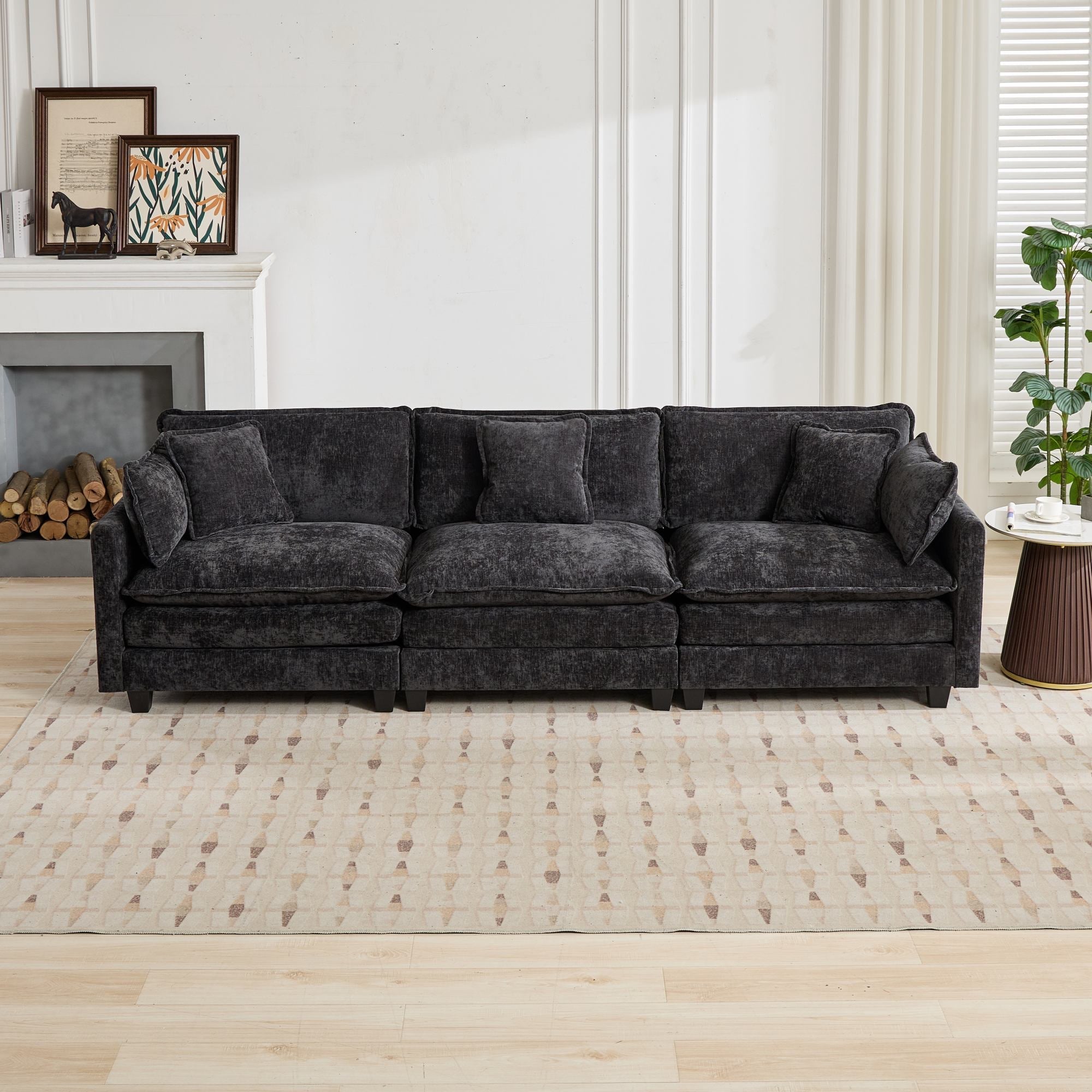 Cloud Sofa 3 Seater Modern Sectional Couch with Double Layer Upholstered Cushion, Black Chenille Fabric