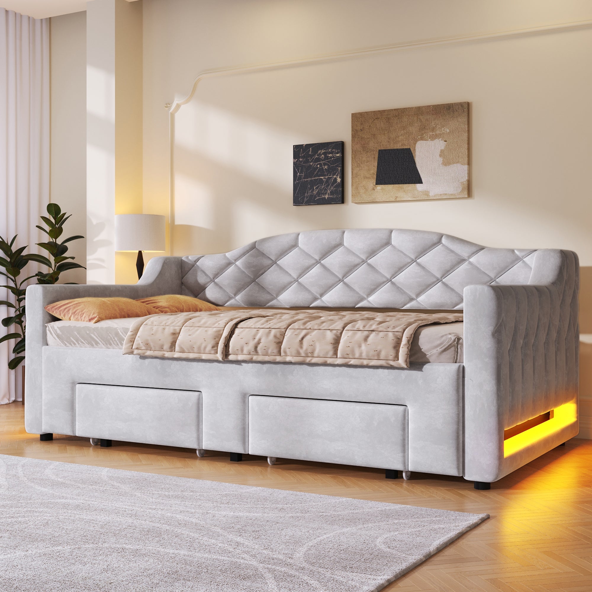 Upholstered Daybed with Two Drawers and LED Lighting, 90x200 to 180x200cm, Grey