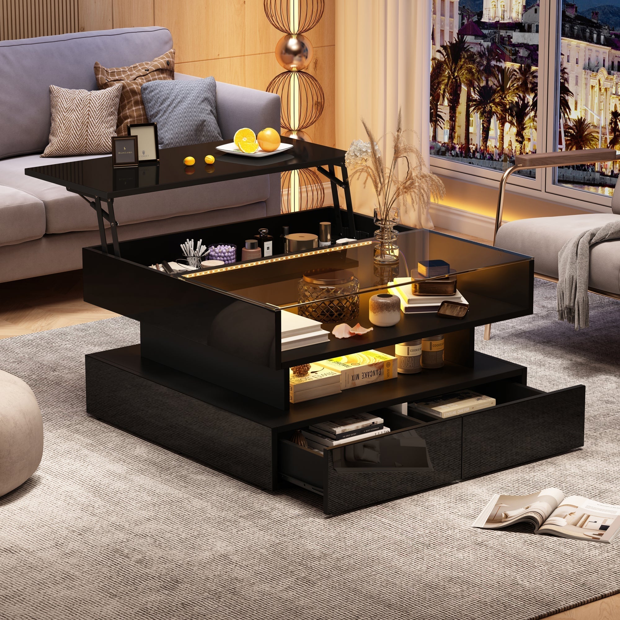 Coffee Table Height-Adjustable Hidden Storage LED Lights Tempered Glass, Black