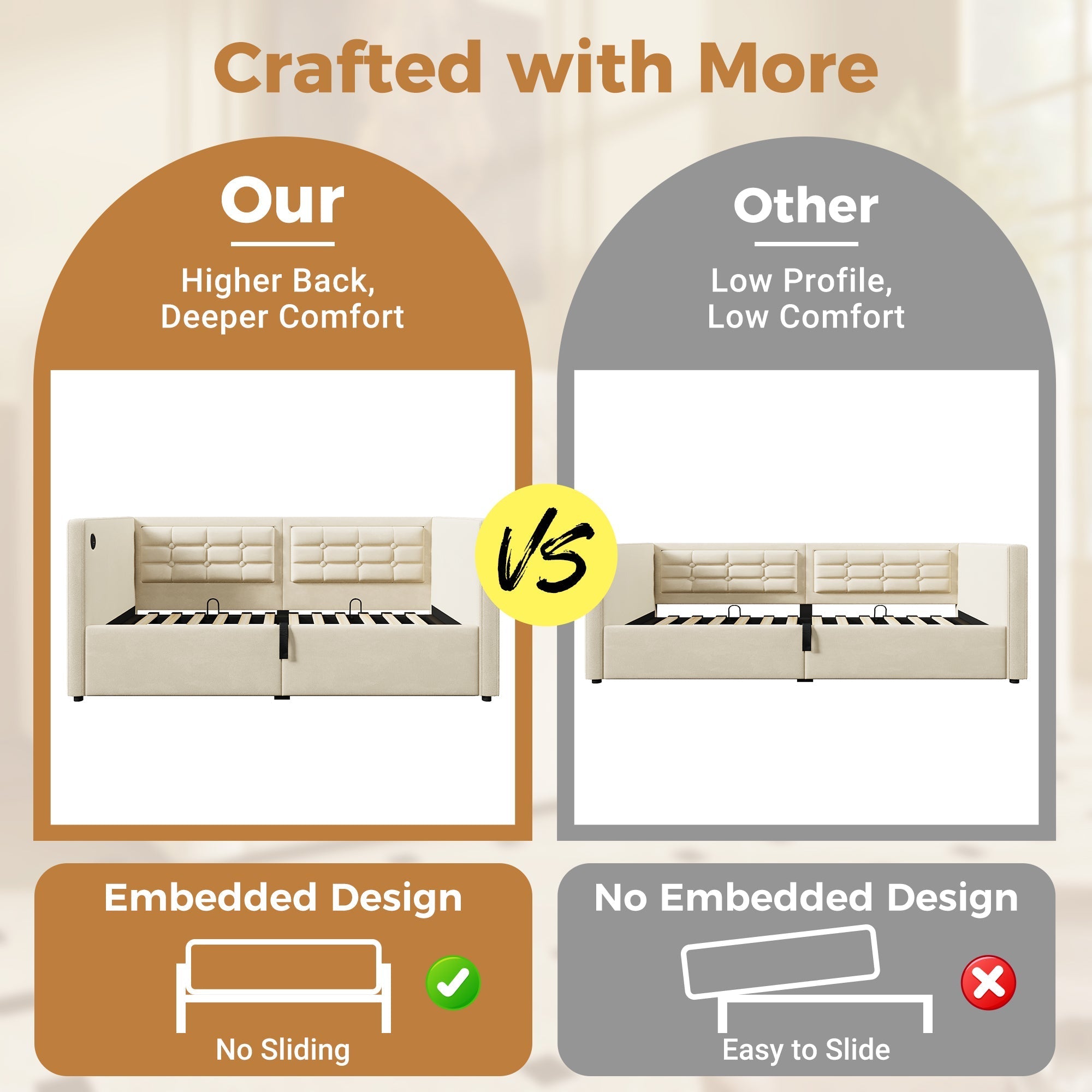 Daybed Upholstered Bed 3FT Single, USB Charging, Hydraulic Storage, Velvet Beige (No Mattress)