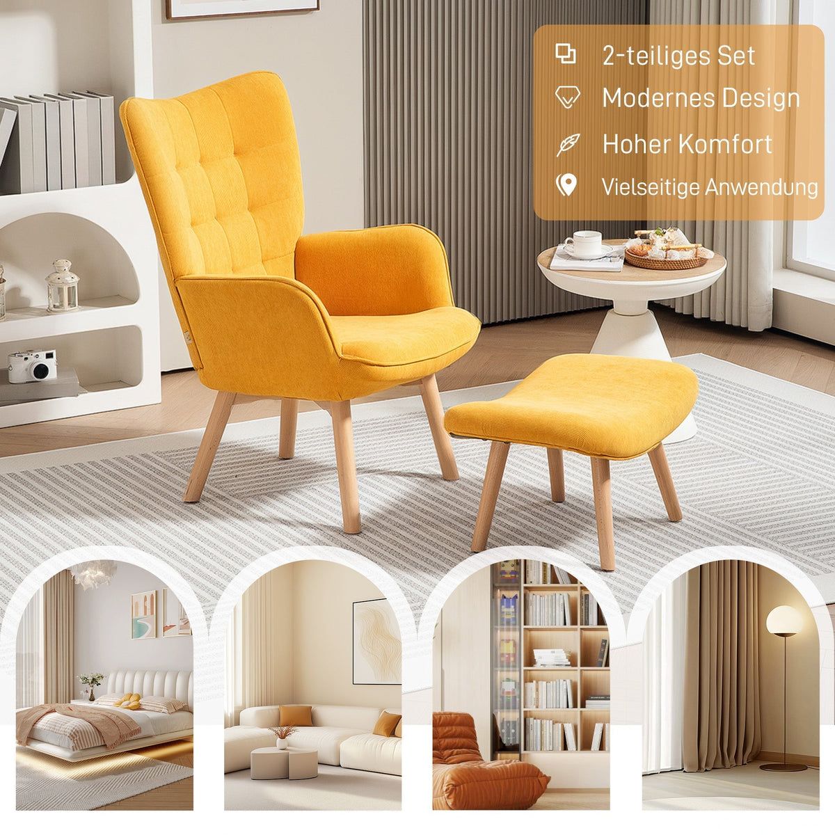 Wingback Chair with Footstool Recliner Wooden Legs, Corduroy Orange