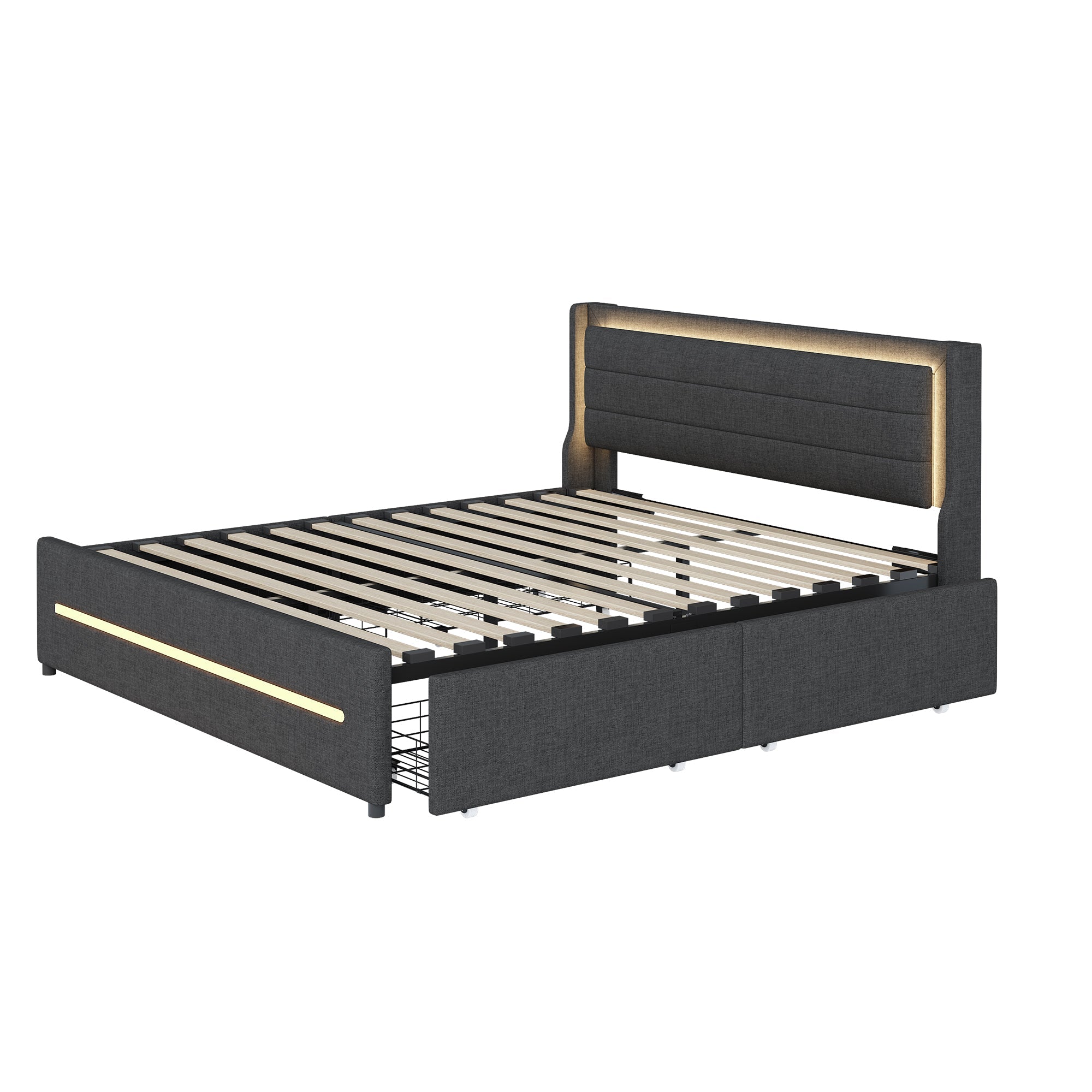 Upholstered Bed 160*200, LED Lighting, 4 Storage, Linen, Gray