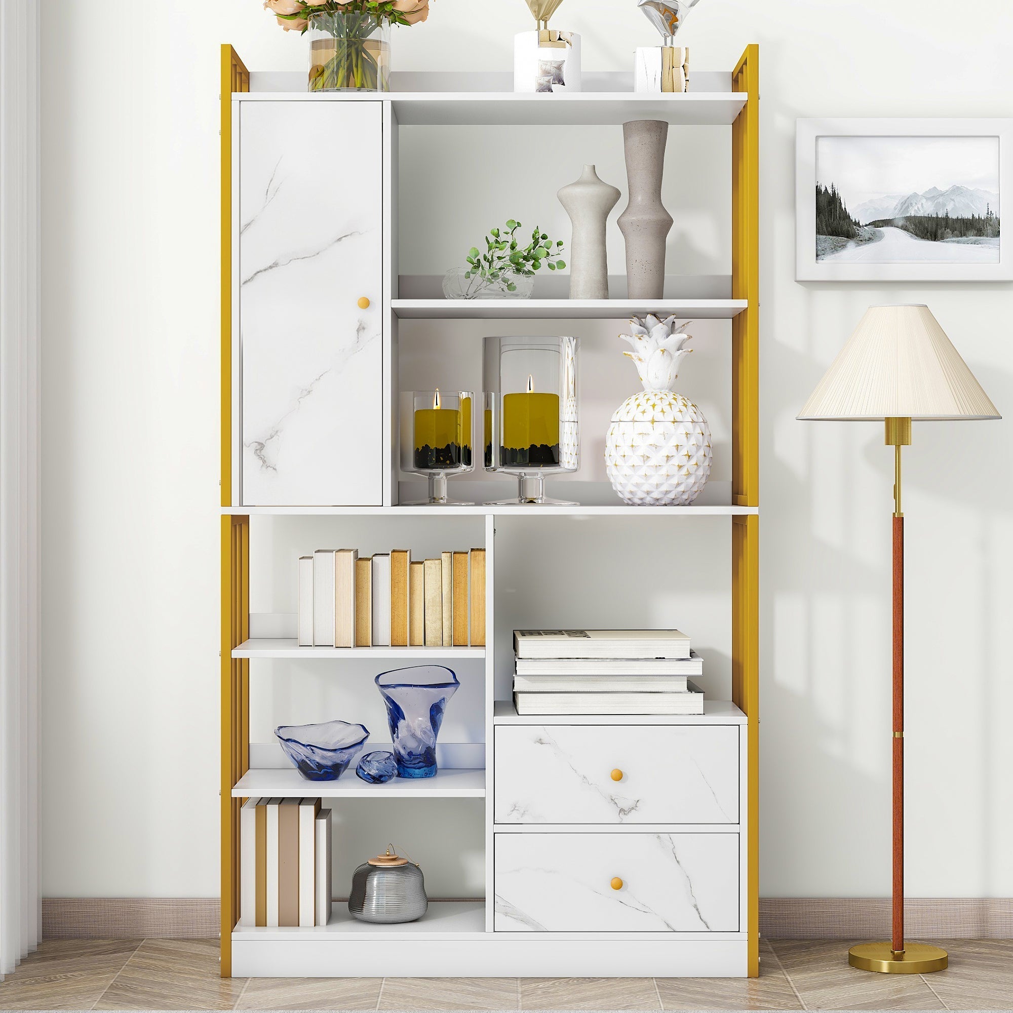 Bookcase, 6-Shelf Vertical with Doors & Drawers, Industrial Steel, White Marbled with Gold Frame