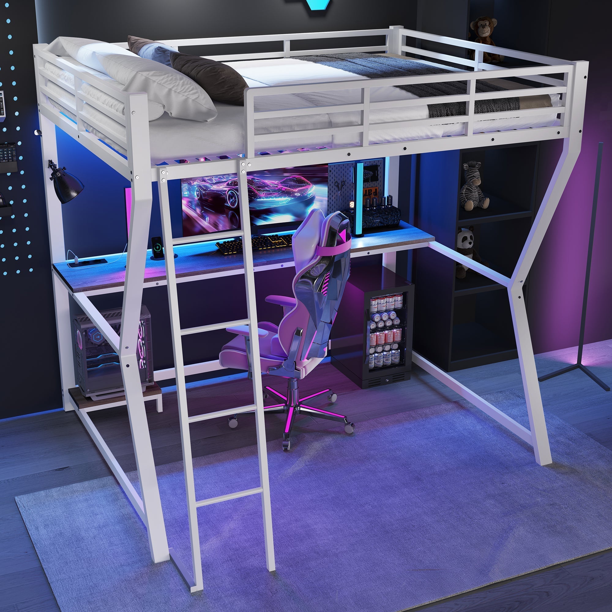 Loft Bed 140x200cm with LED Lights Desk USB/Power Outlet Stairs Storage Shelf White