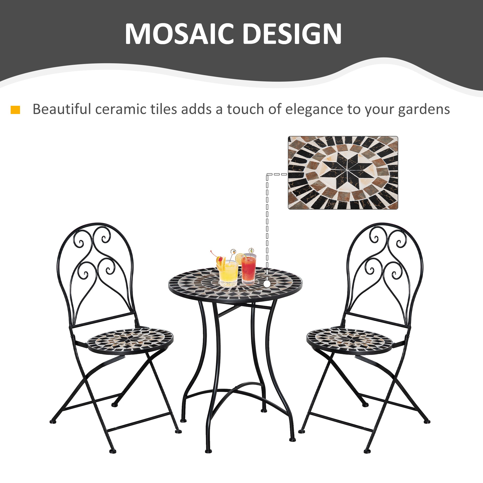 3 Piece Garden Bistro Set, Mosaic Tile Top, 2 Folding Chairs, Metal Frame, Black