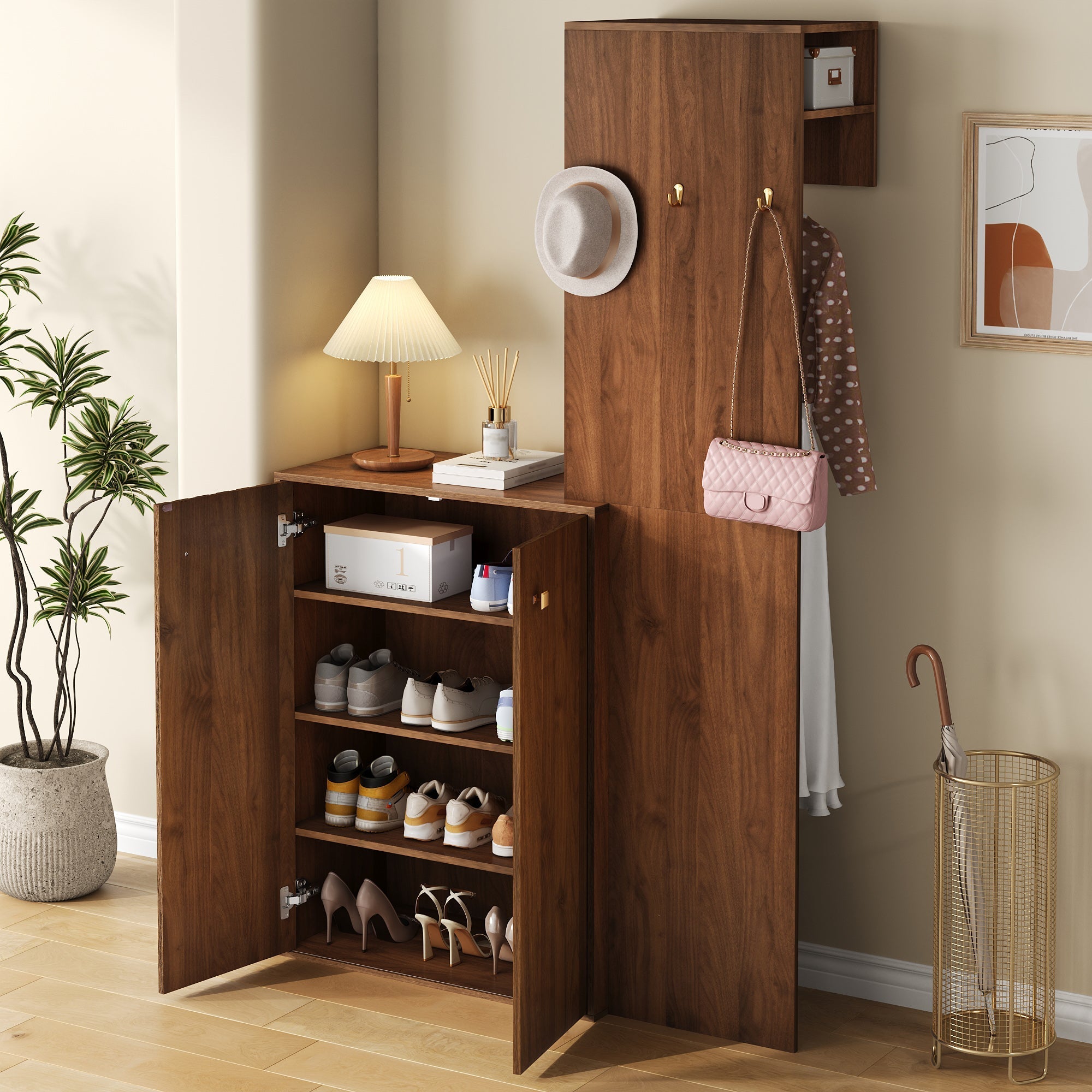 Modern Wardrobe Set with Shoe Cabinet, Storage and Clothes Rail, Wood Case