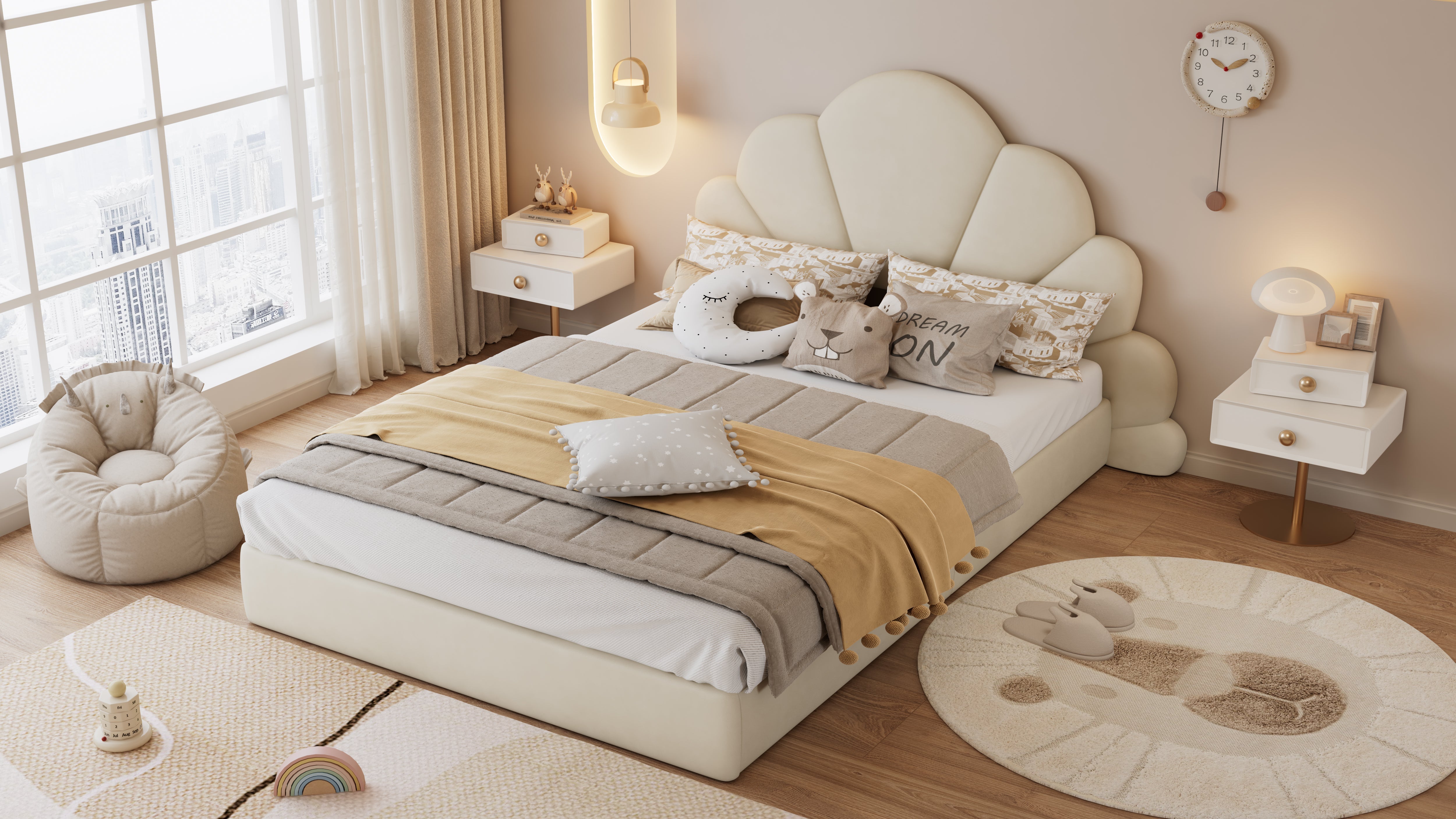 Upholstered Bed, Curved Petals, Modern Frame, Velvet Beige
