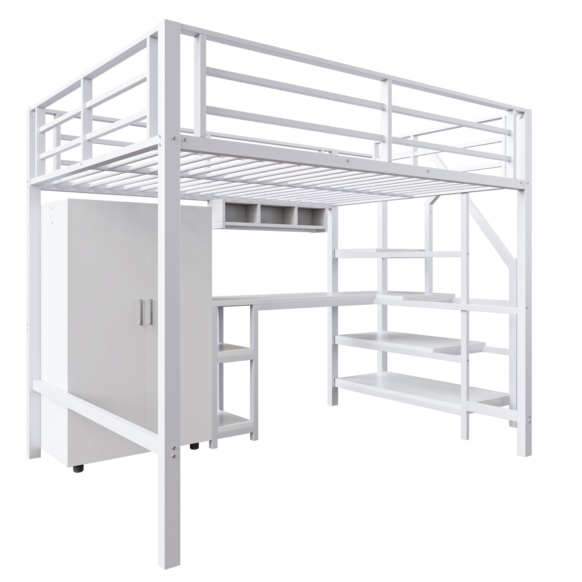 Loft Bed 140x200cm Wardrobe Desk Storage Ladder Shelves - White