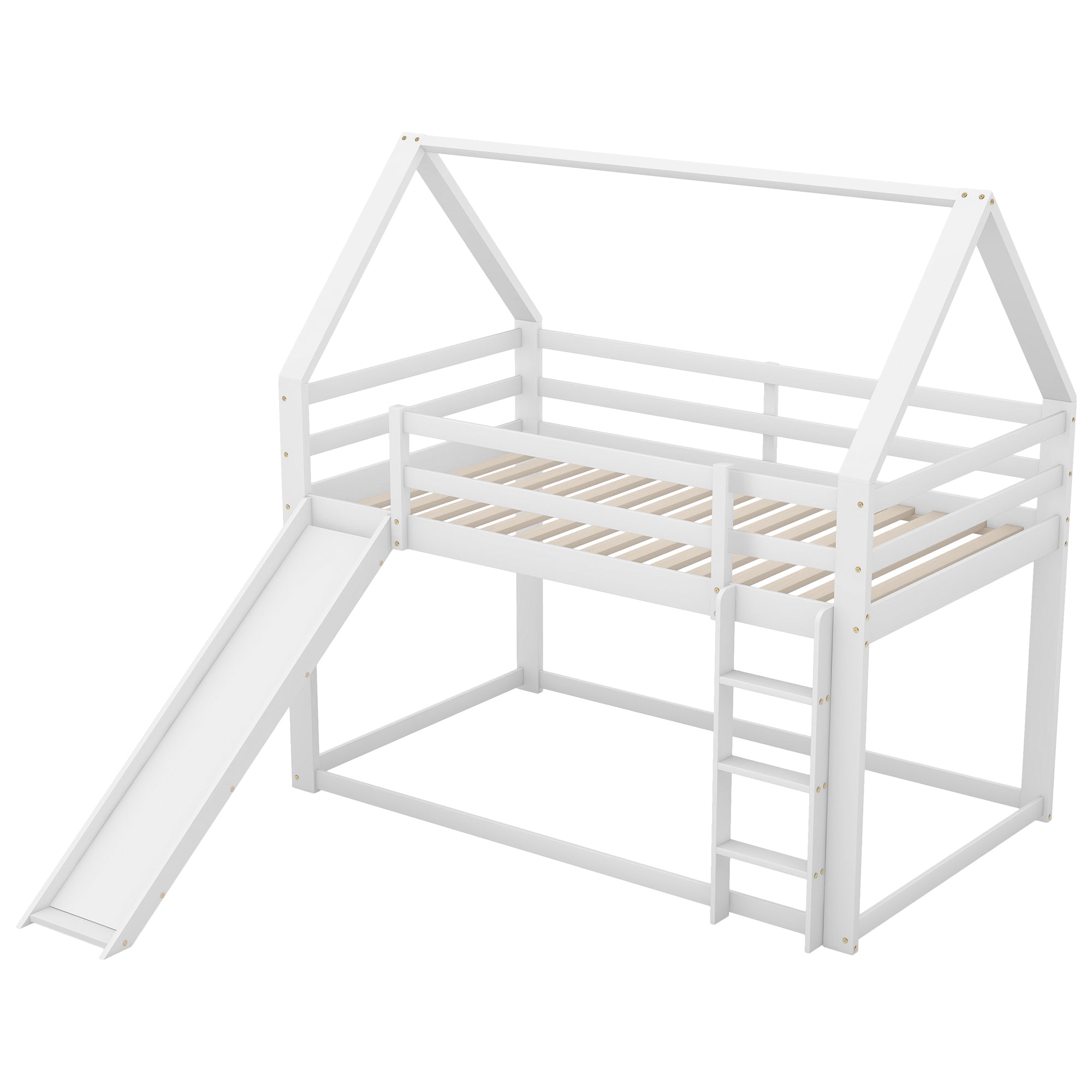 Children's House Bunk Bed 90x200cm with Slide and Ladder - White