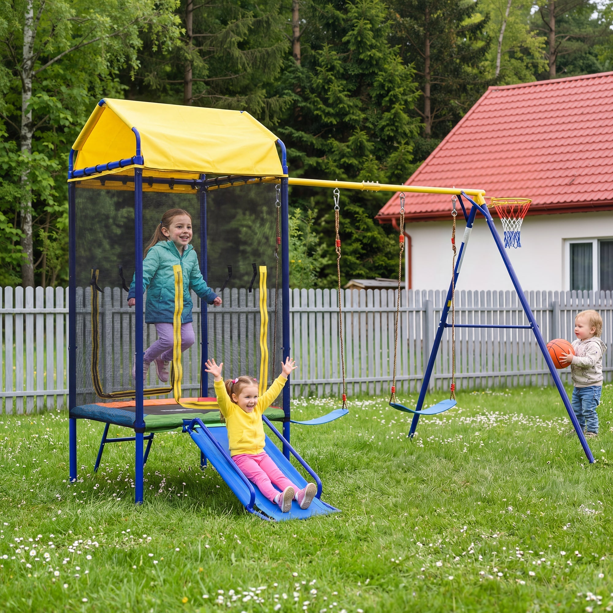 Multifunctional Outdoor Swing Set with Trampoline, Slide and Basketball Hoop, Sturdy Iron Frame