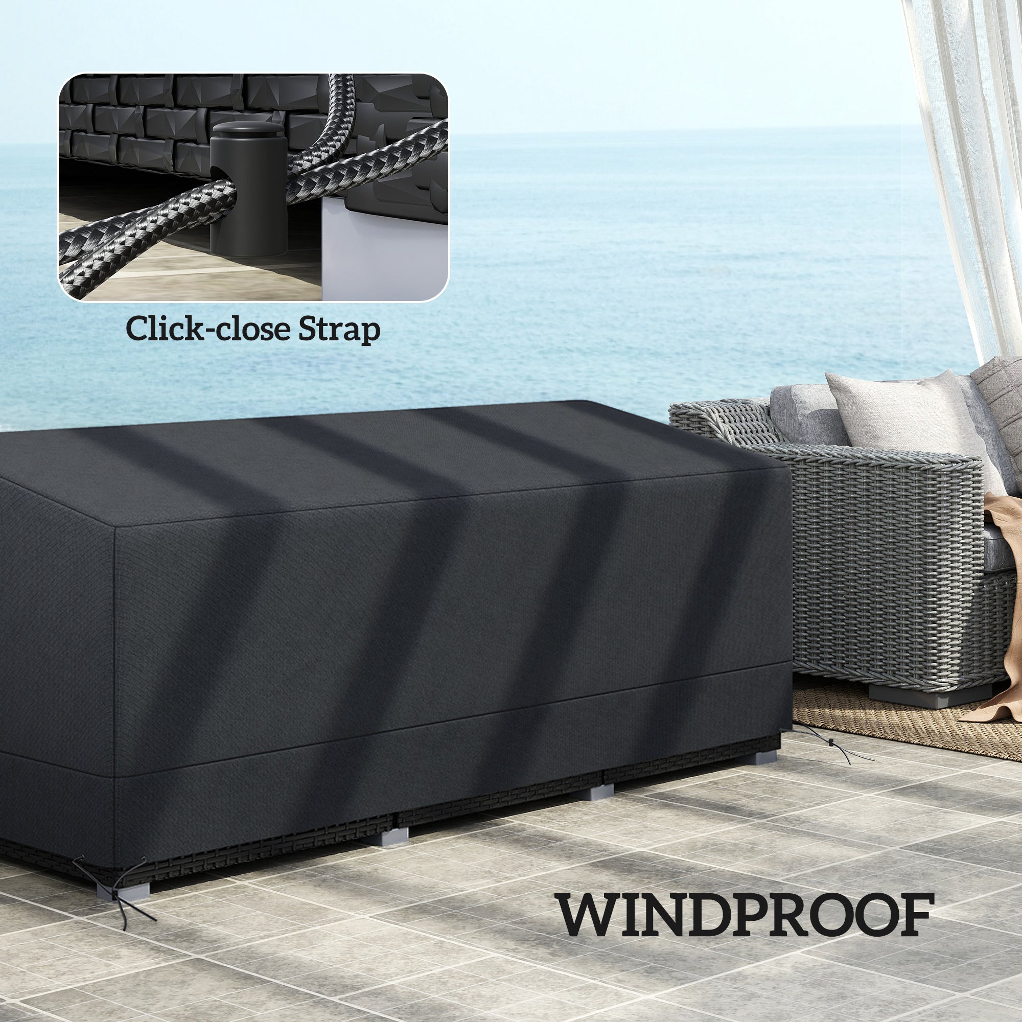 Rechteckige Terrassen-Gartenmöbelabdeckung, wasserdicht, UV-beständig, 3-Sitzer-Sofa-Bistro-Set, 190 x 72 x 76 cm, 600D Oxford-Gewebe, Schwarz