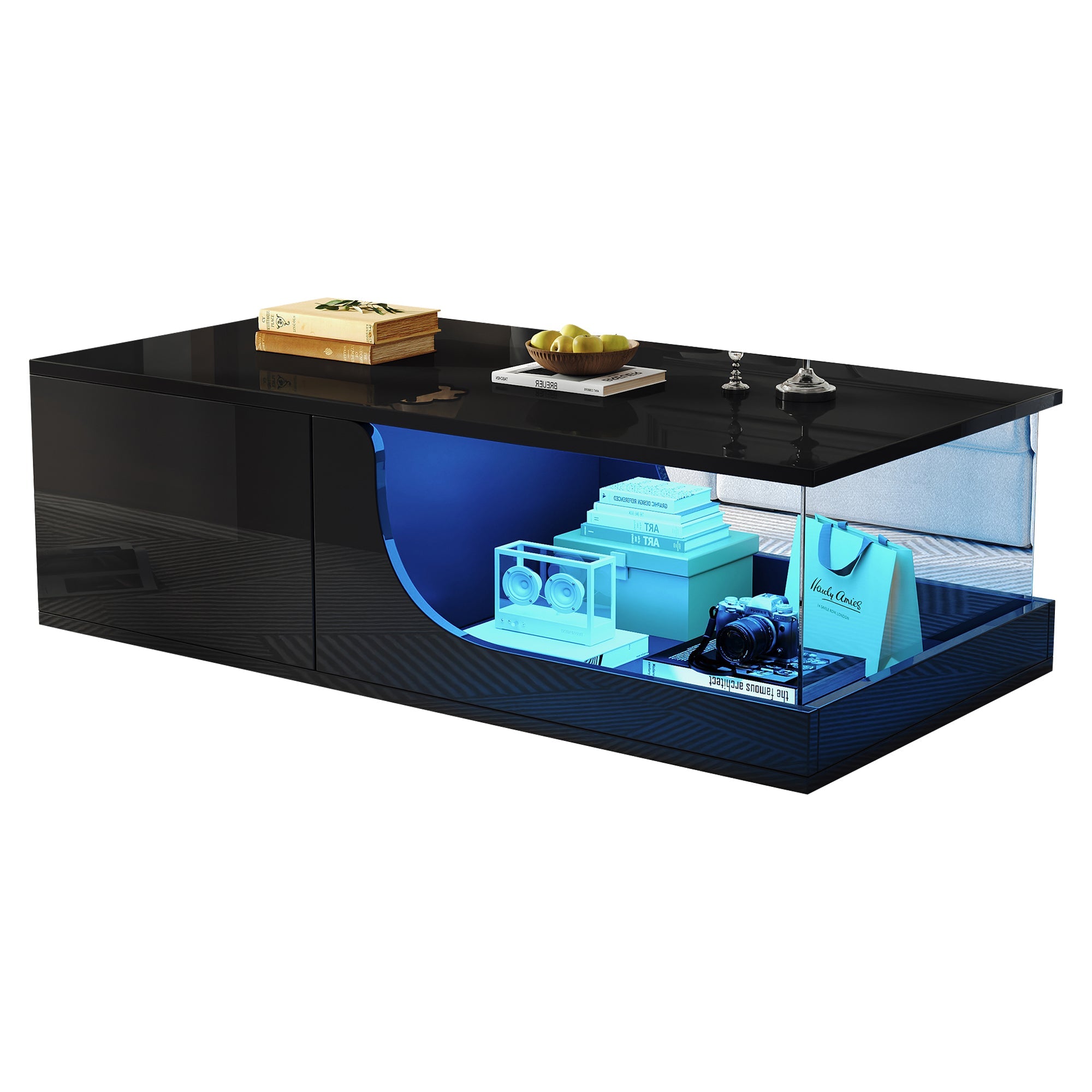 Coffee Table, 100x50x30cm, 2-Drawer High-Gloss with LED, Tempered Glass, Black