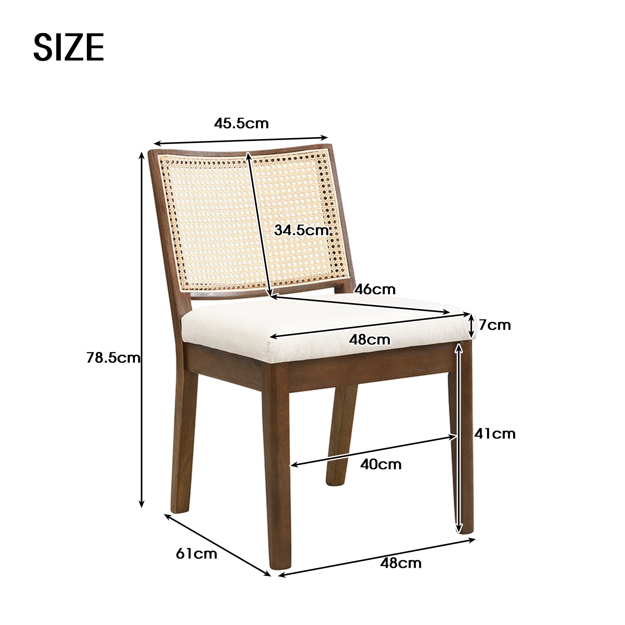 Solid Wood Dining Chairs Set of 4 with Rattan Backrest, Linen and Walnut