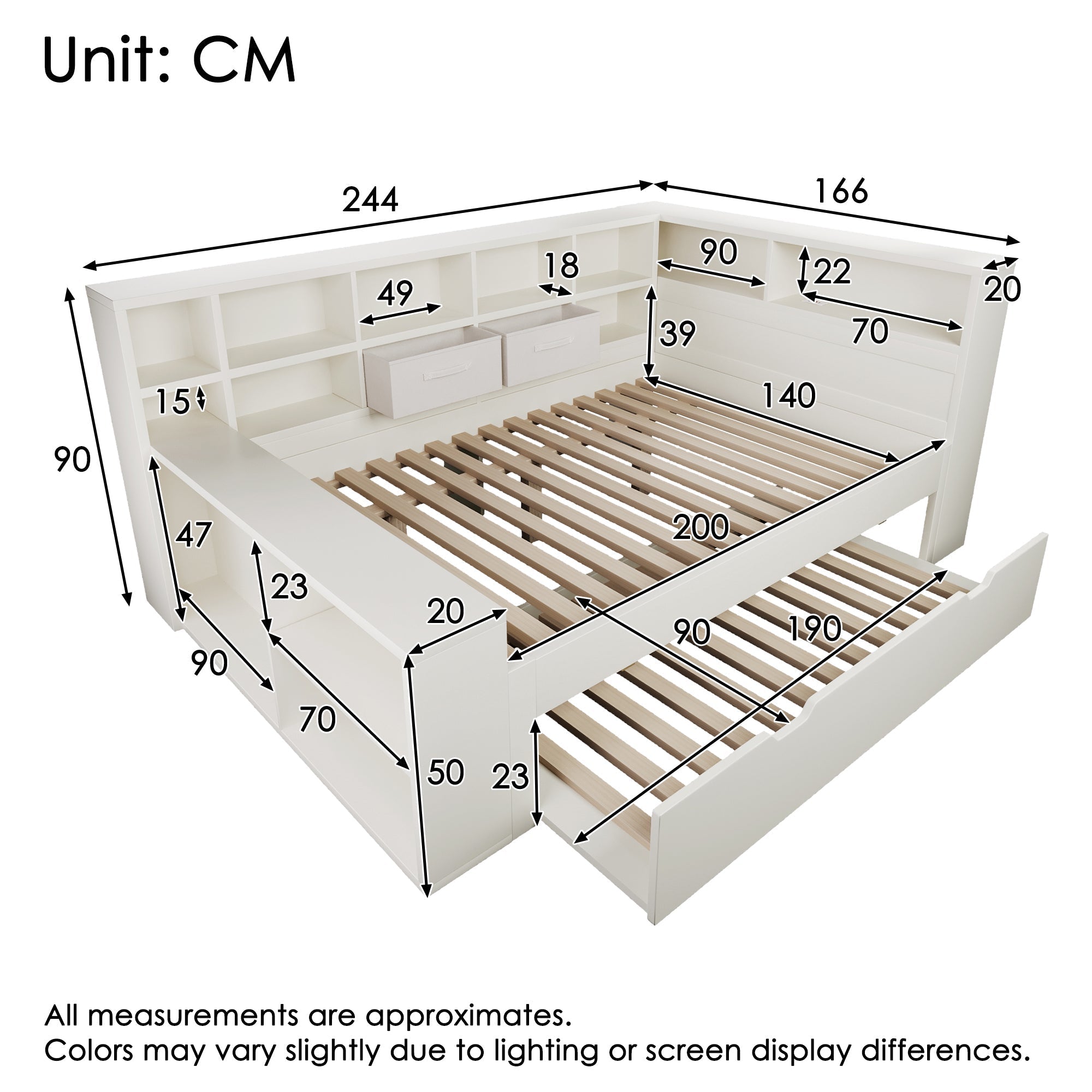 Storage Bed 140x200 with Pull-out Bed, 8 Storage Compartments and USB Charging Ports, White Wood
