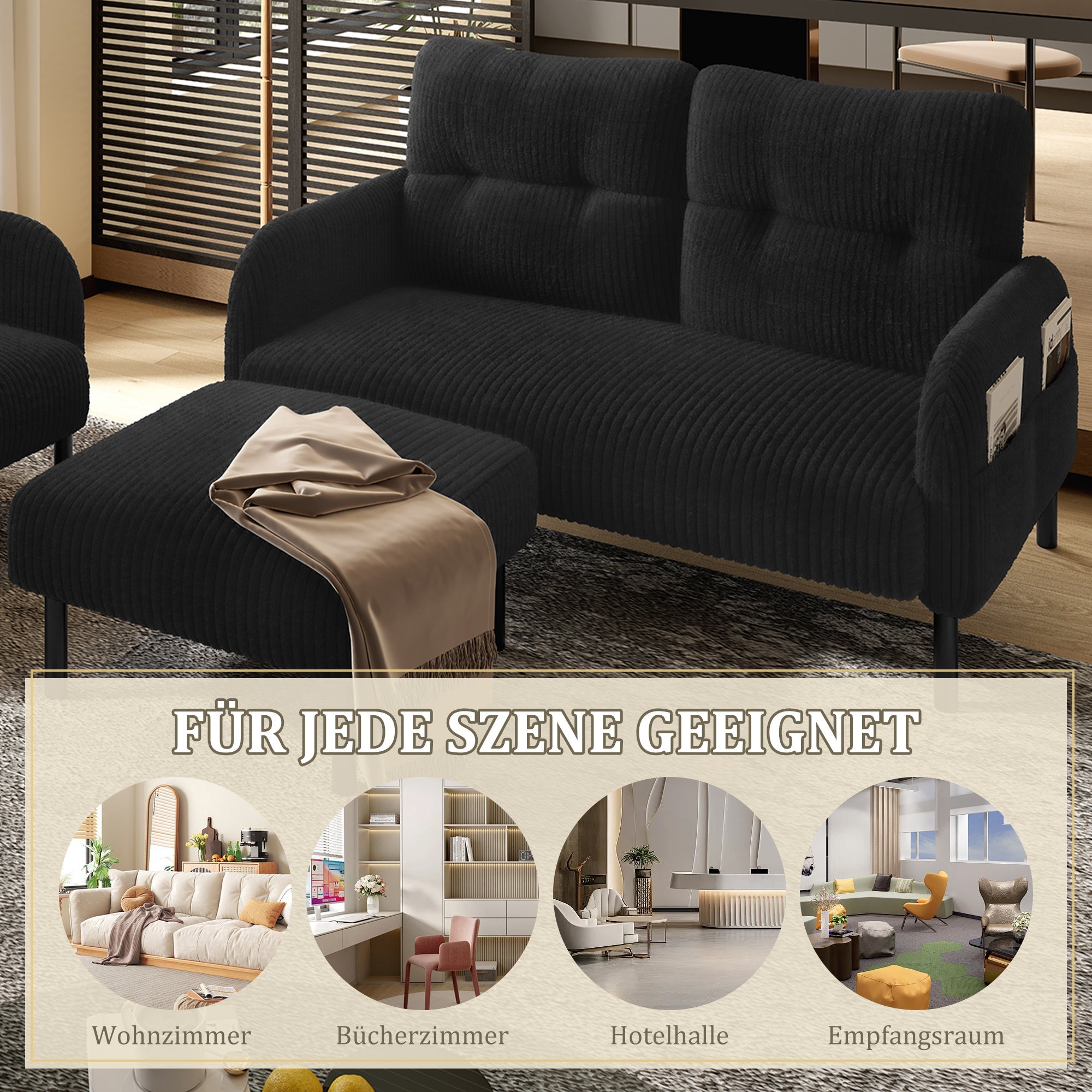 Cord 3-Piece Modular Sofa Set, Deep Seat Comfort Side Pocket, Black