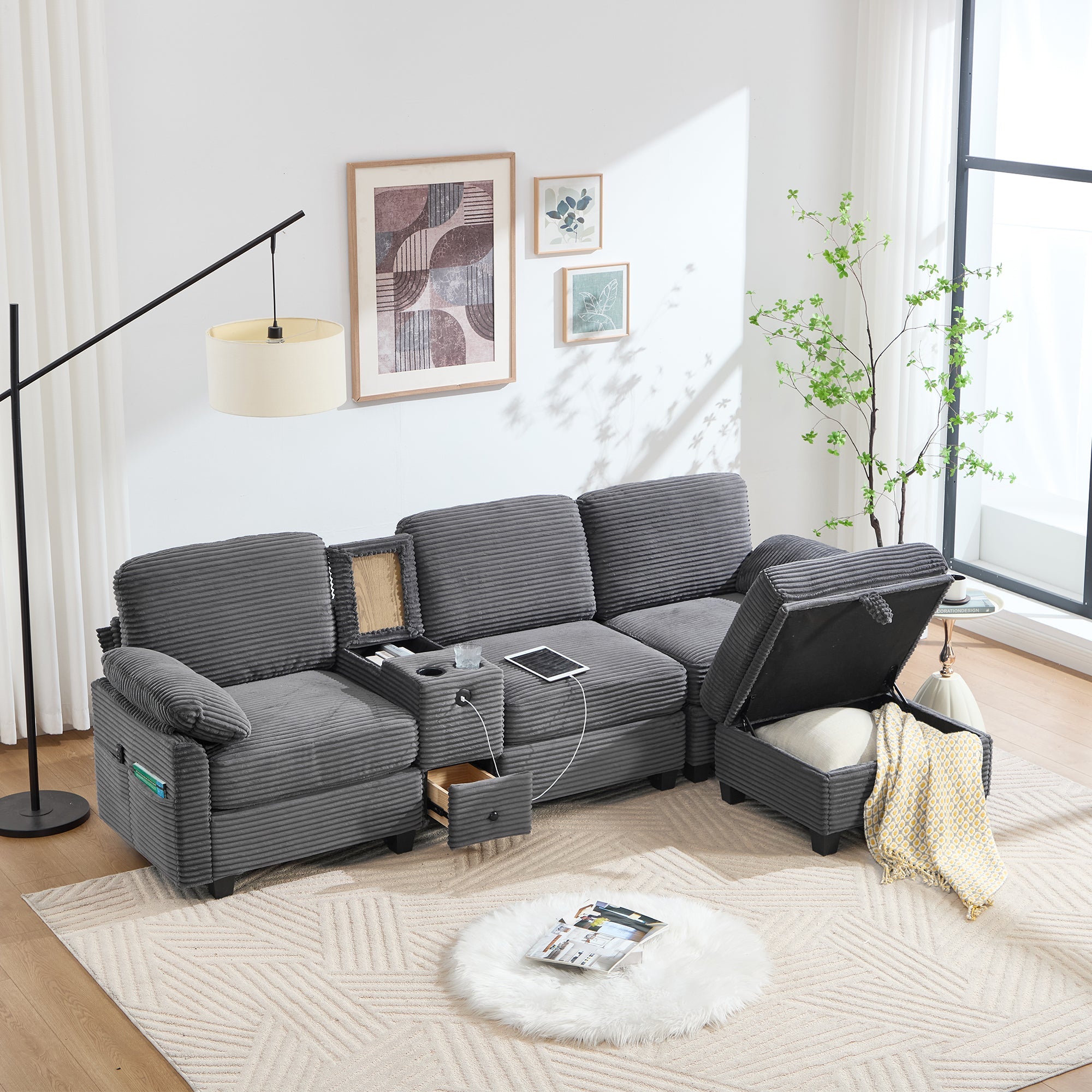 Sofa - Comfort Foam, Removable Console, USB-C, Storage Ottoman - Corduroy
