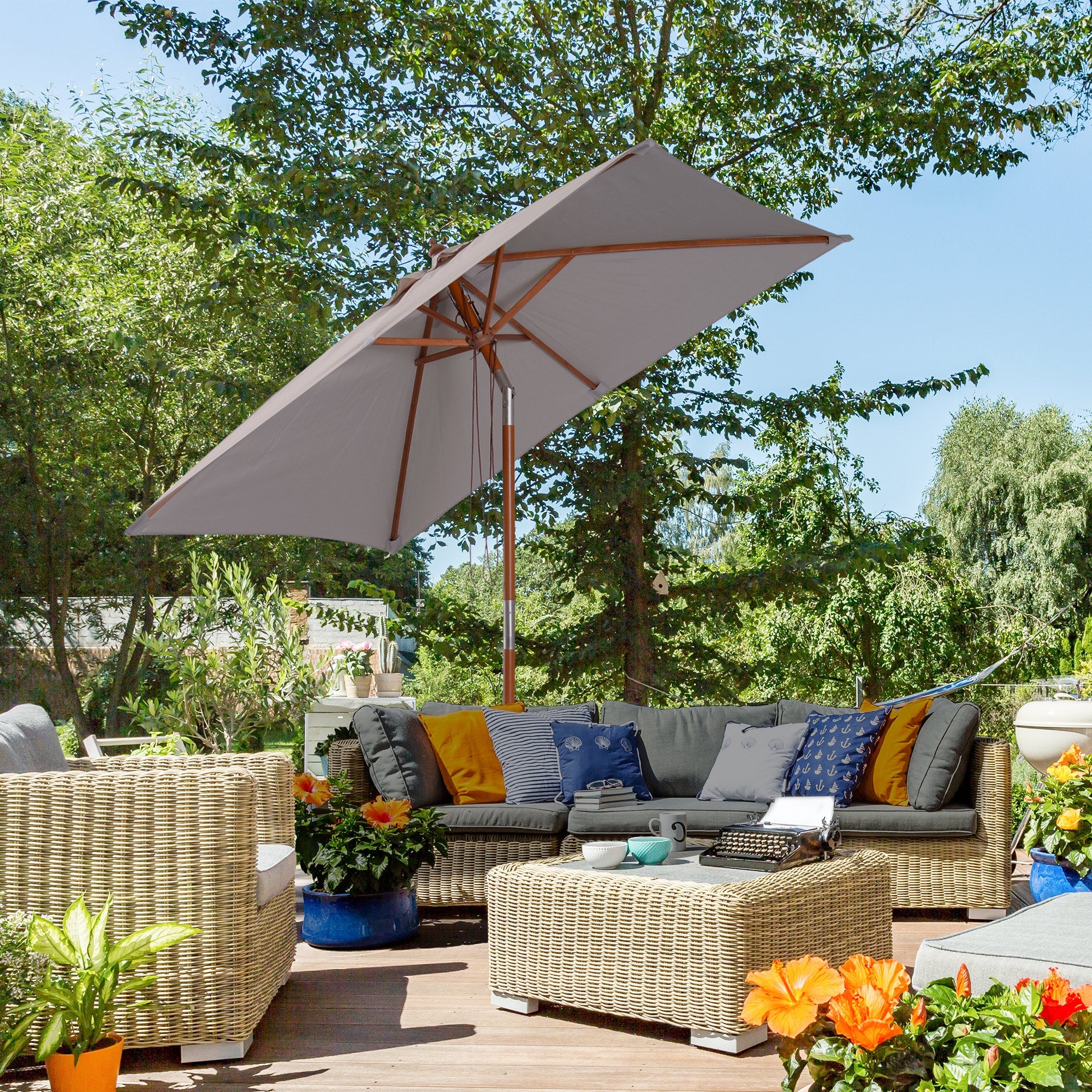 Parasol Foldable 3-Stage Adjustable Garden Beach Shade Fir Wood/Polyester Grey