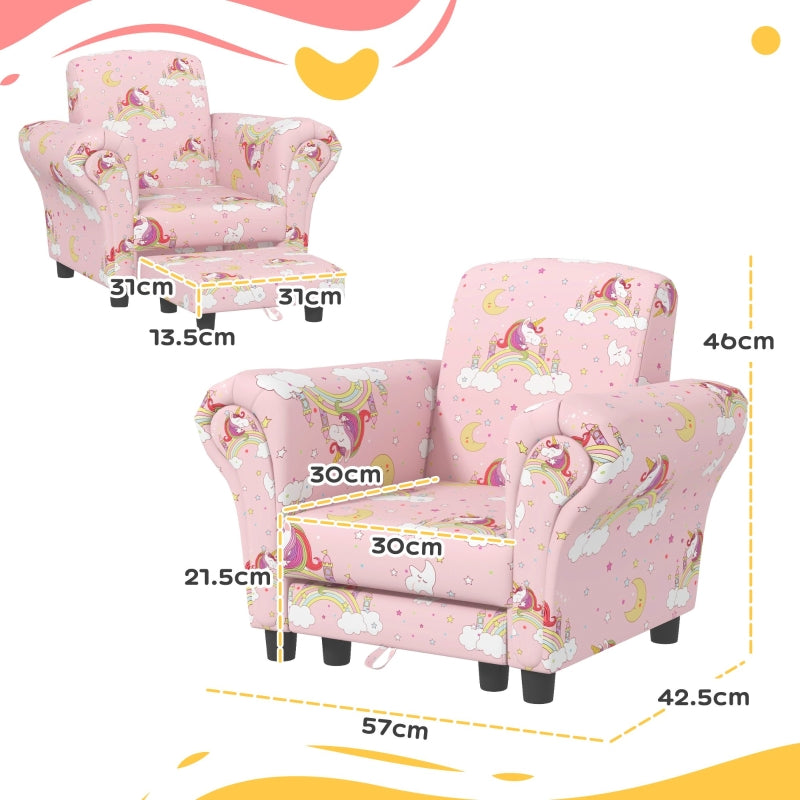 2 Piece Kids Sofa Set Unicorn Design Wooden Frame Pink