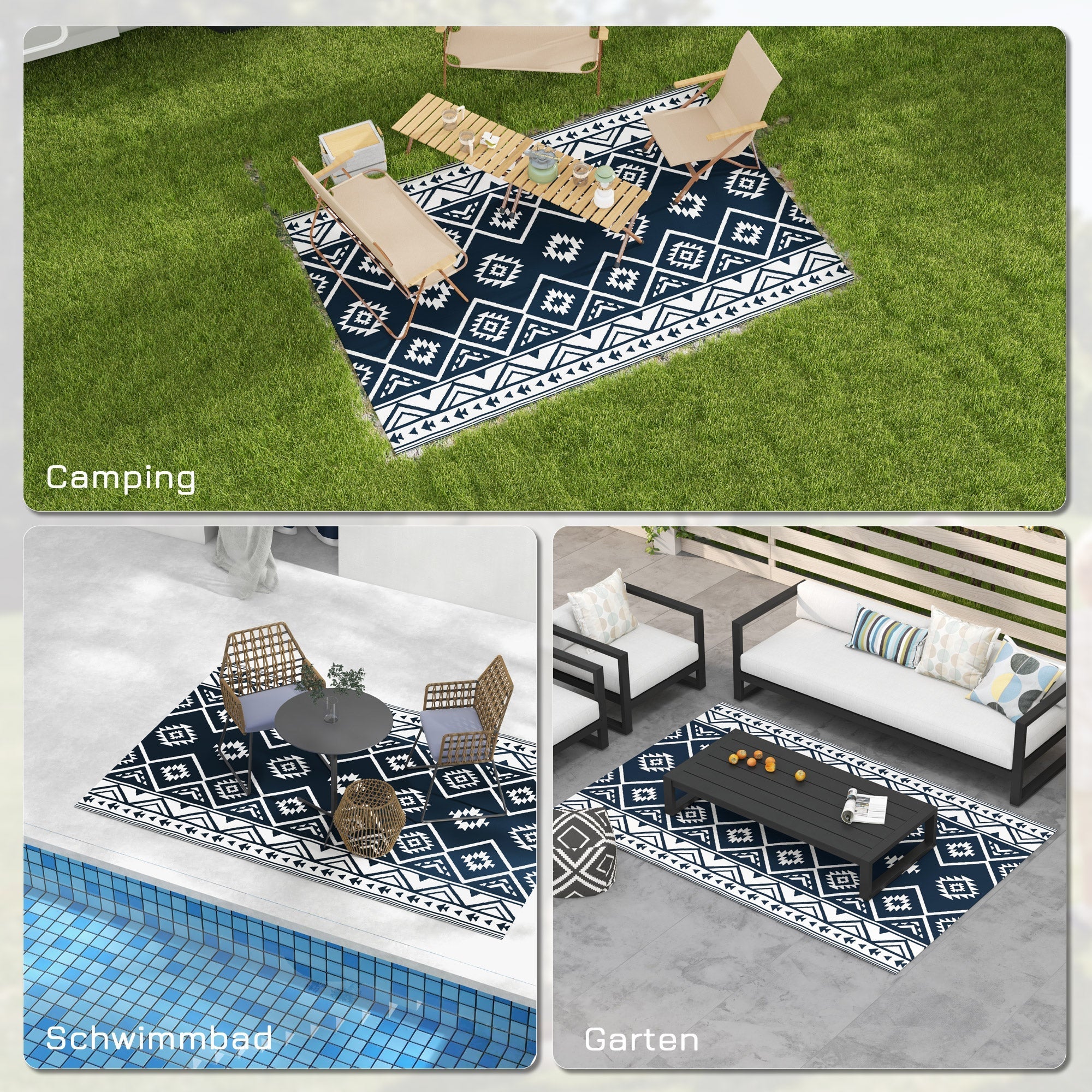 Reversible Outdoor Rug 182x274cm Water-Repellent Camping with Carrying Bag, Plastic Dark Blue & White