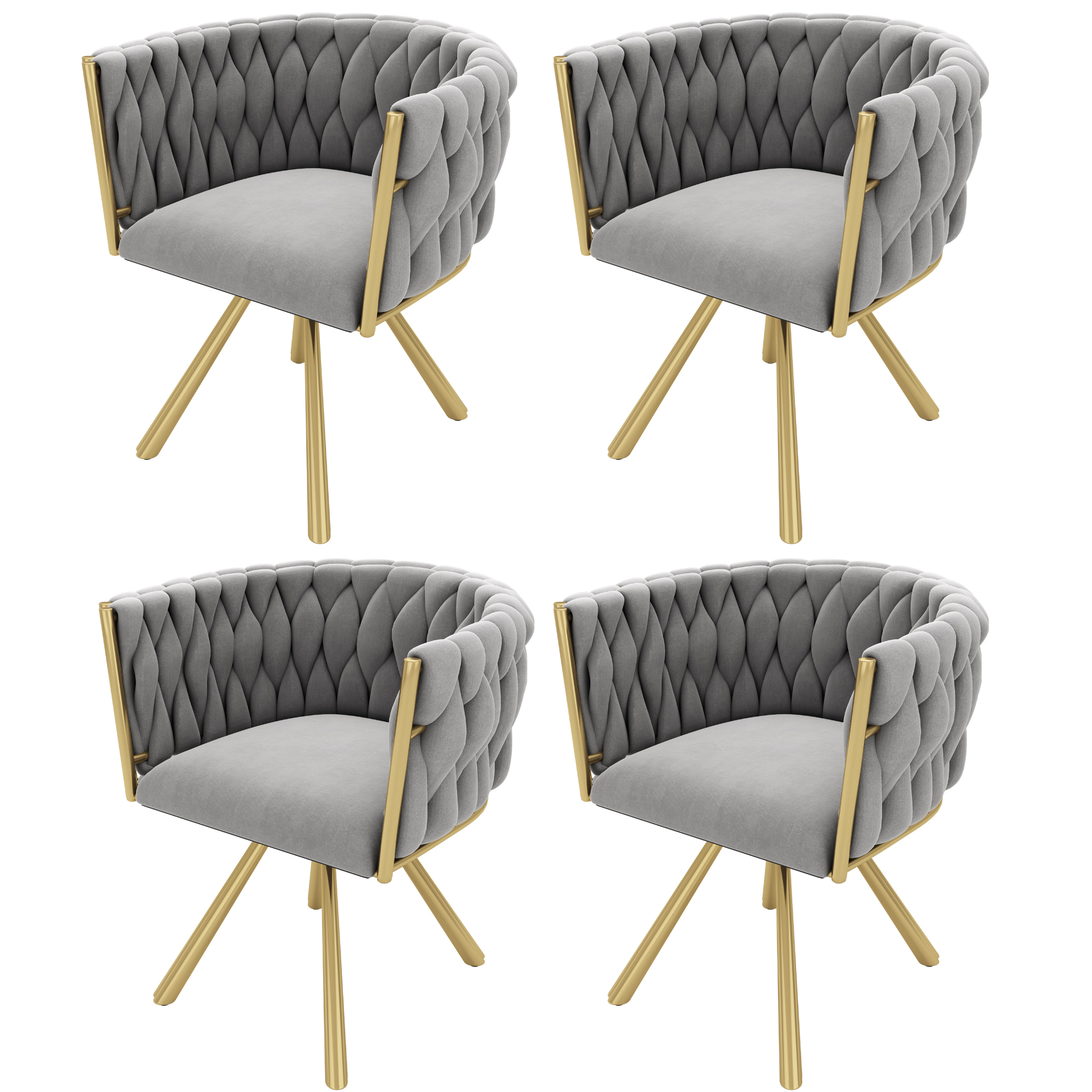 Velvet Dining Chair Set of 4 Swivel Metal Legs - Grey and Gold